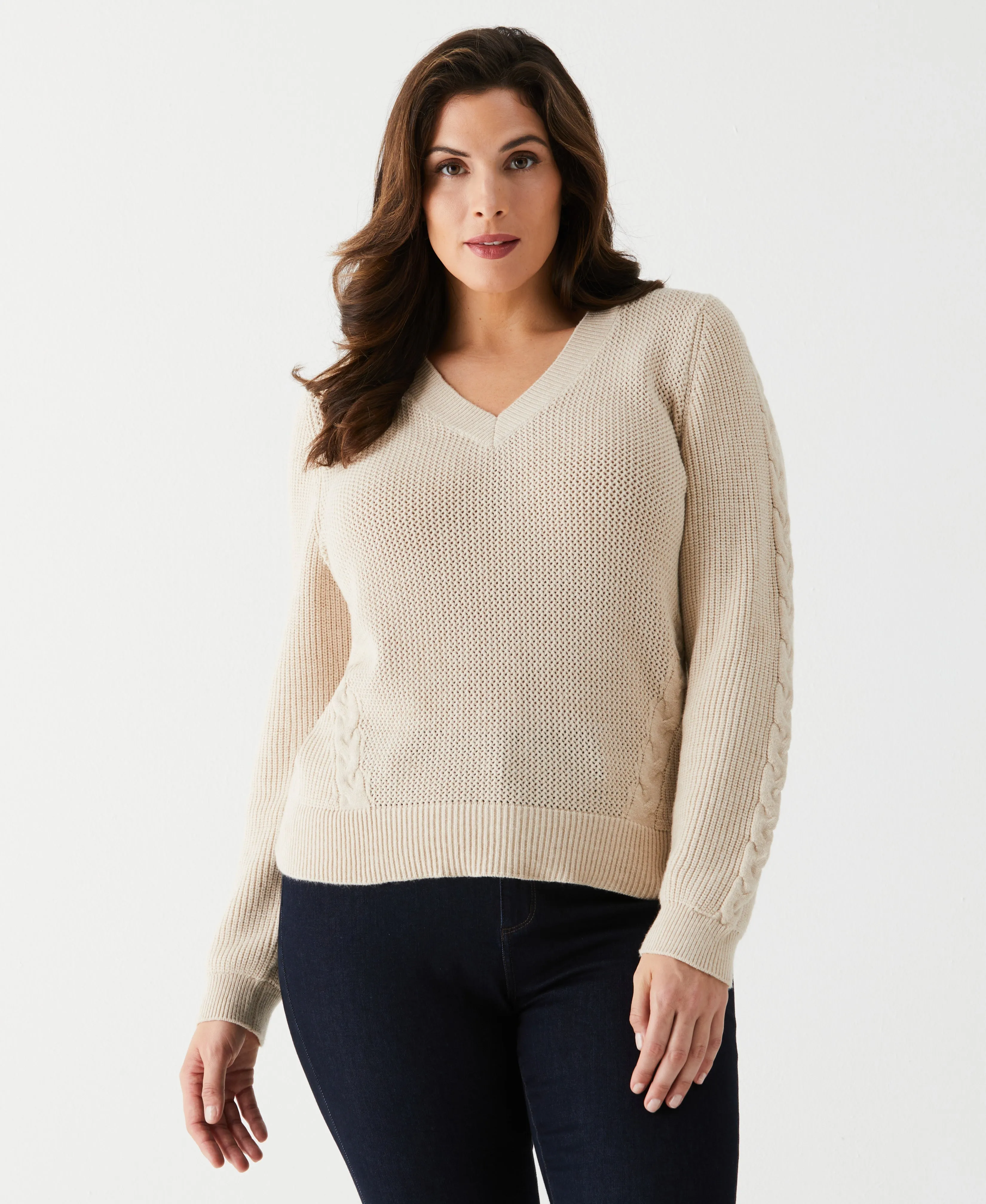 Plus Size Cable Knit V-Neck Sweater Cold Weather Look Fashionable Layering