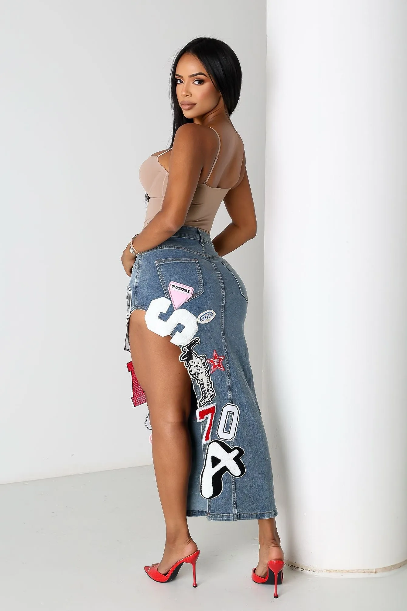 Pitch Perfect Patch Denim Skirt Daily Motion Adjustable loop