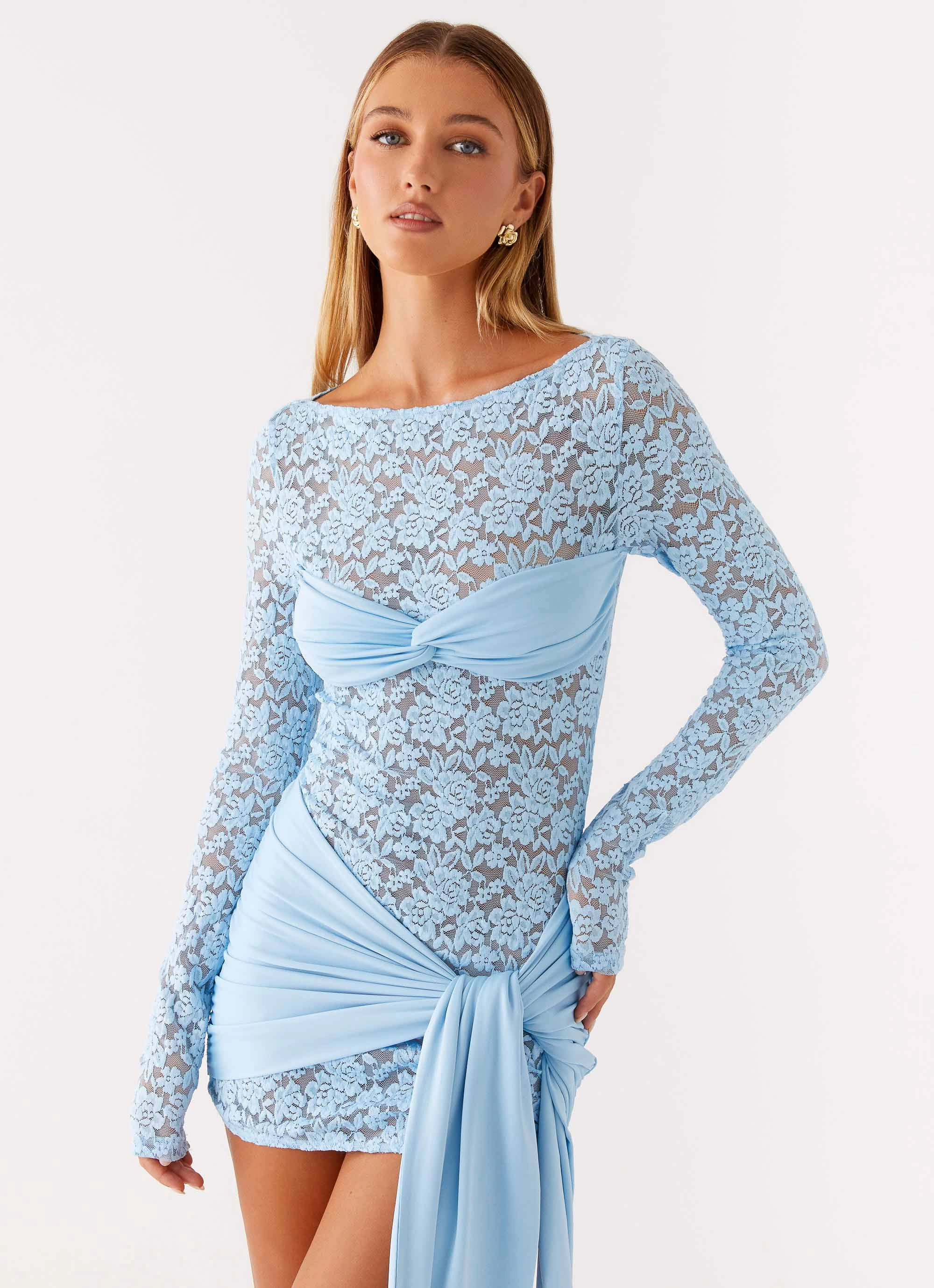 Consie Long Sleeve Mini Dress - Pale Blue Fluid movement flattering appearance