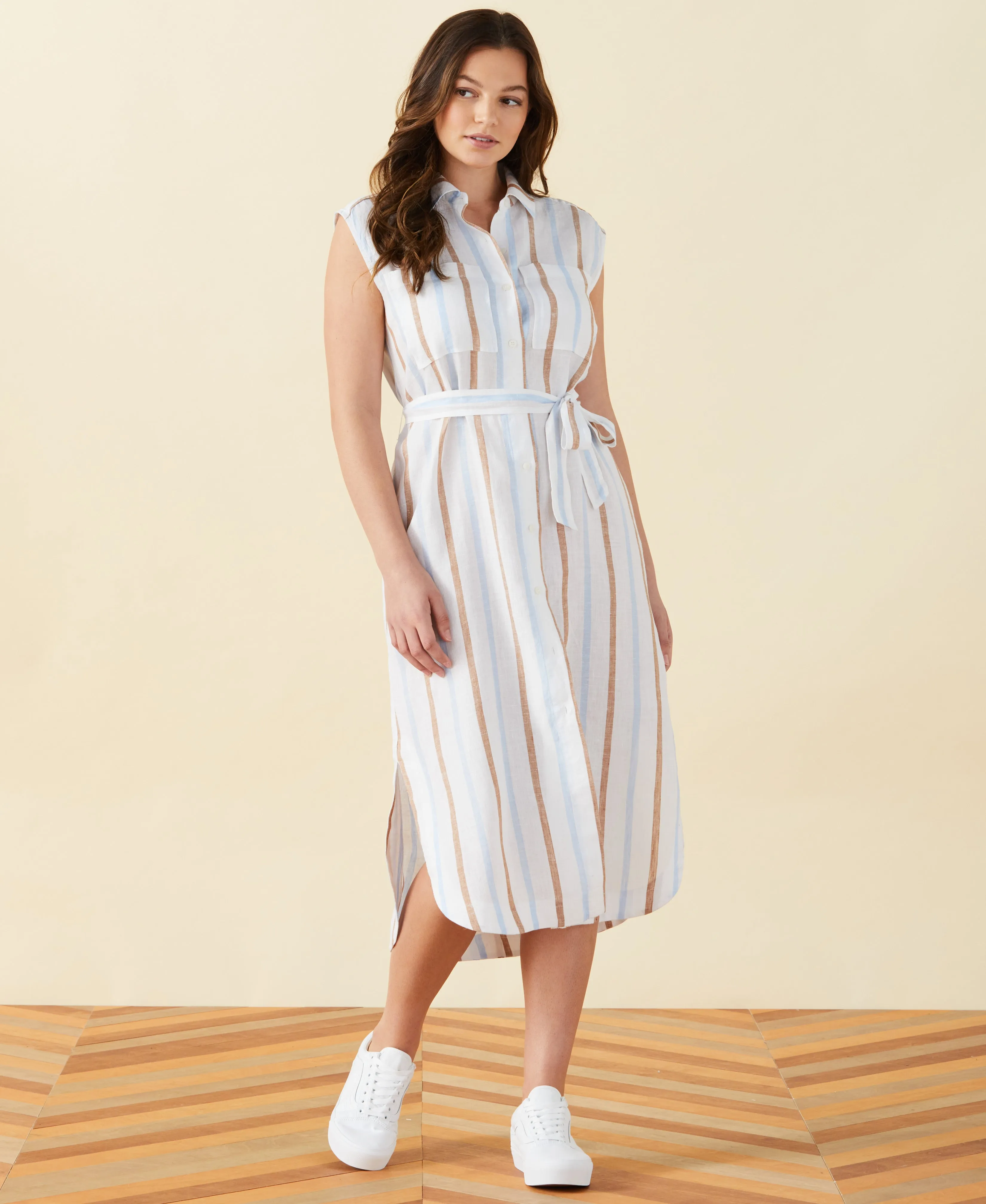 Nature Bloom Beadwork Stripe Linen Shirtdress