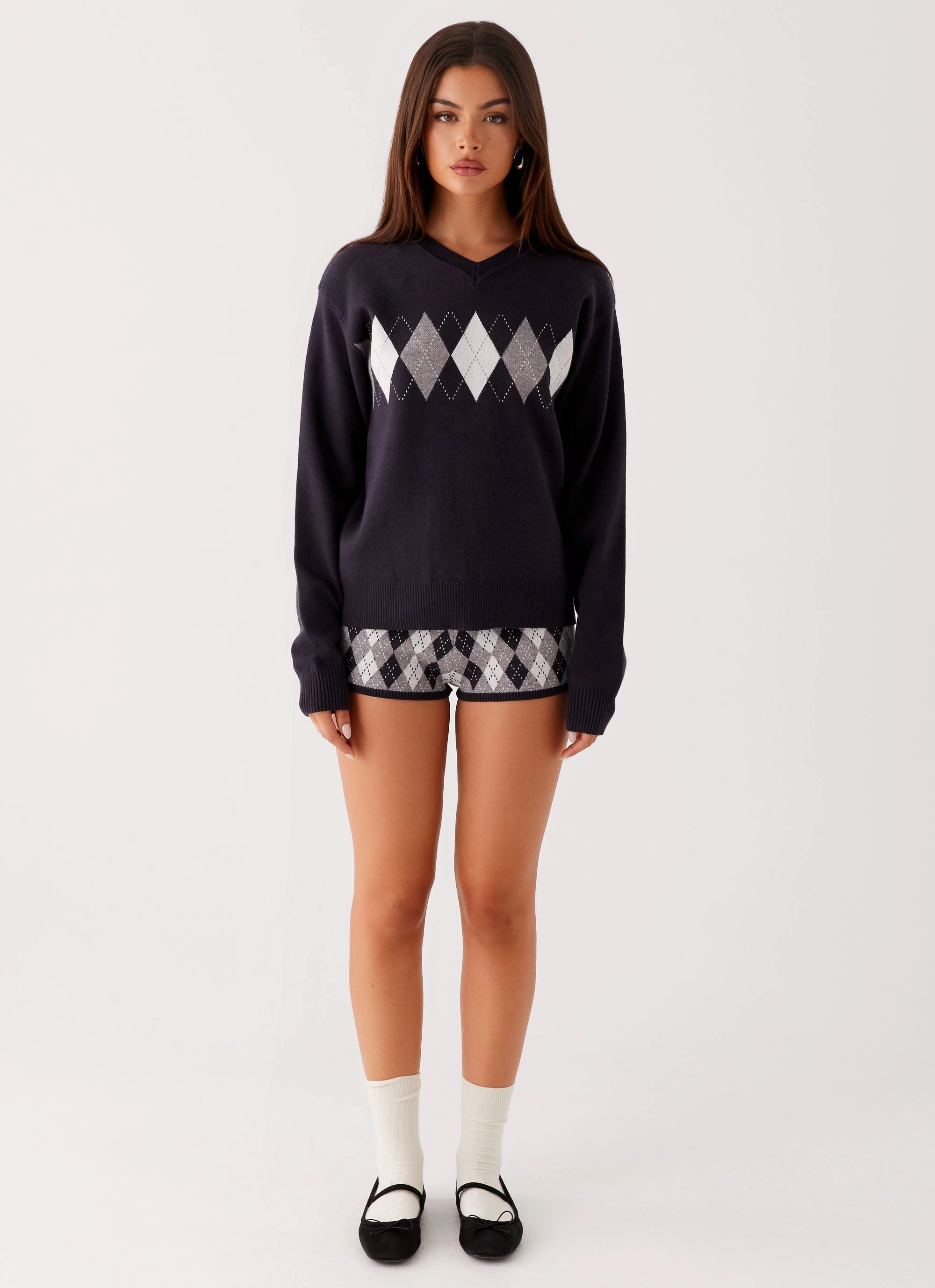 Adjustable Hood Context Knit Sweater - Navy