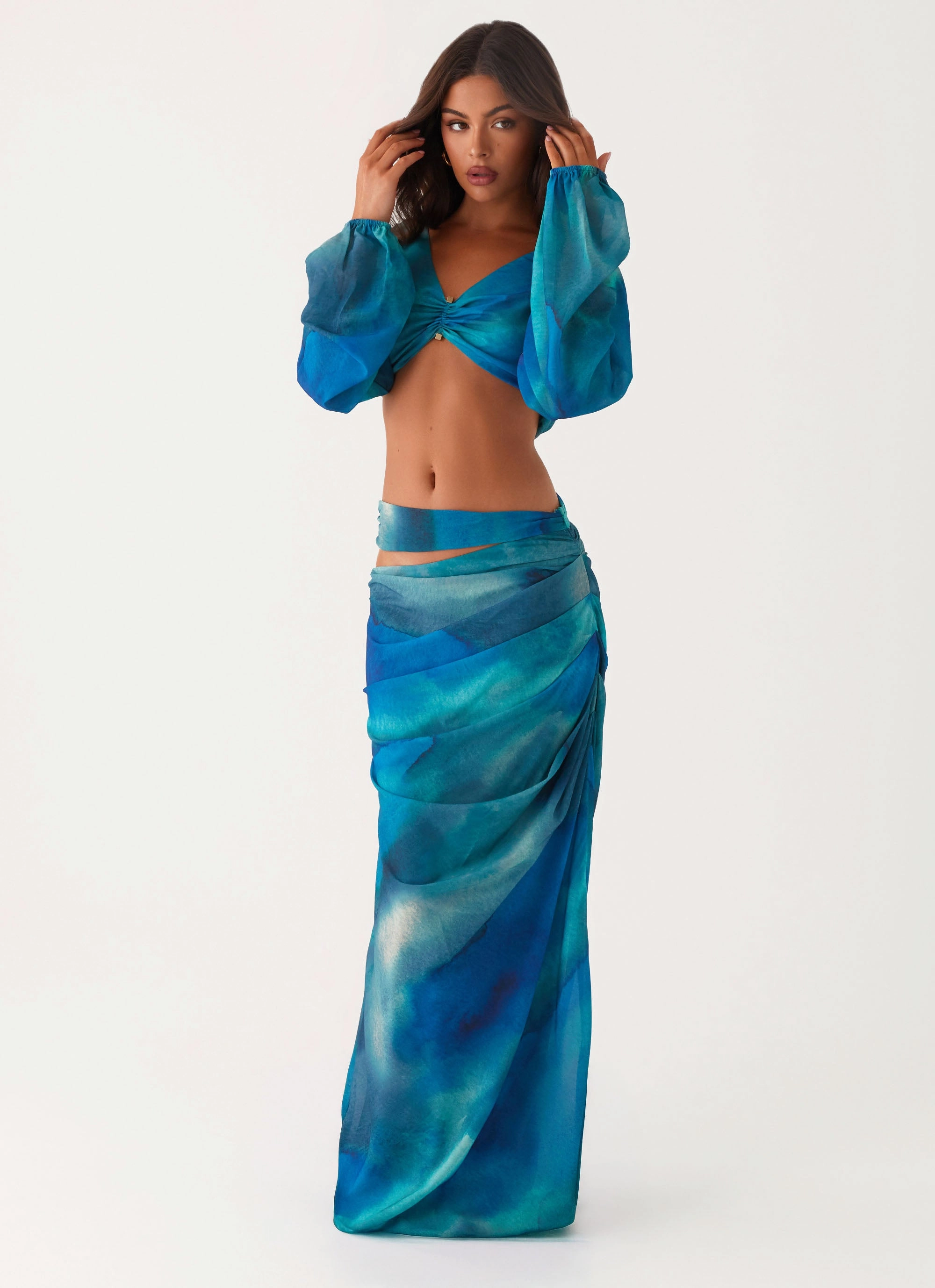 Austin Cut Out Maxi Skirt - Blue Tie Dye Smart Edge Easy Layers