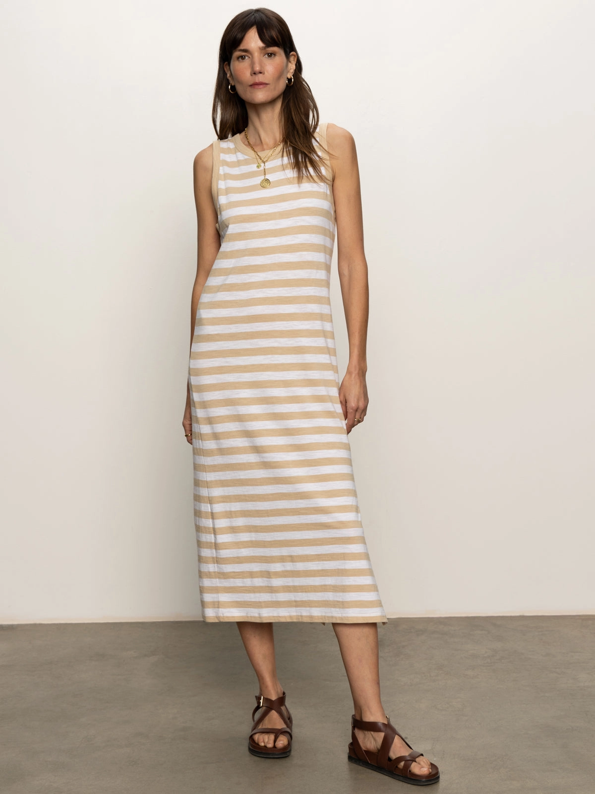 LowMaintenance Comfy Fit Contrast Trim Maxi Dress Sandstone White Stripe