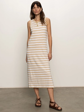 LowMaintenance Comfy Fit Contrast Trim Maxi Dress Sandstone White Stripe
