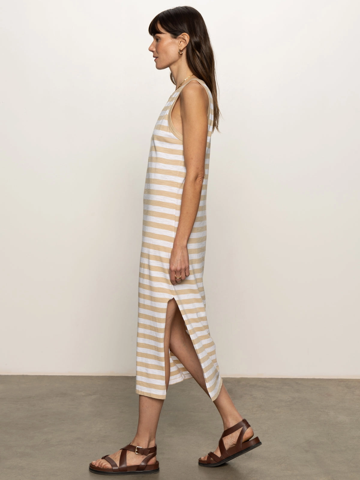 Contrast Trim Maxi Dress Sandstone White Stripe Luxurious Feel Printed top