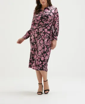 Plus Size Floral Print Gathered Popover Midi Dress Mood Flex