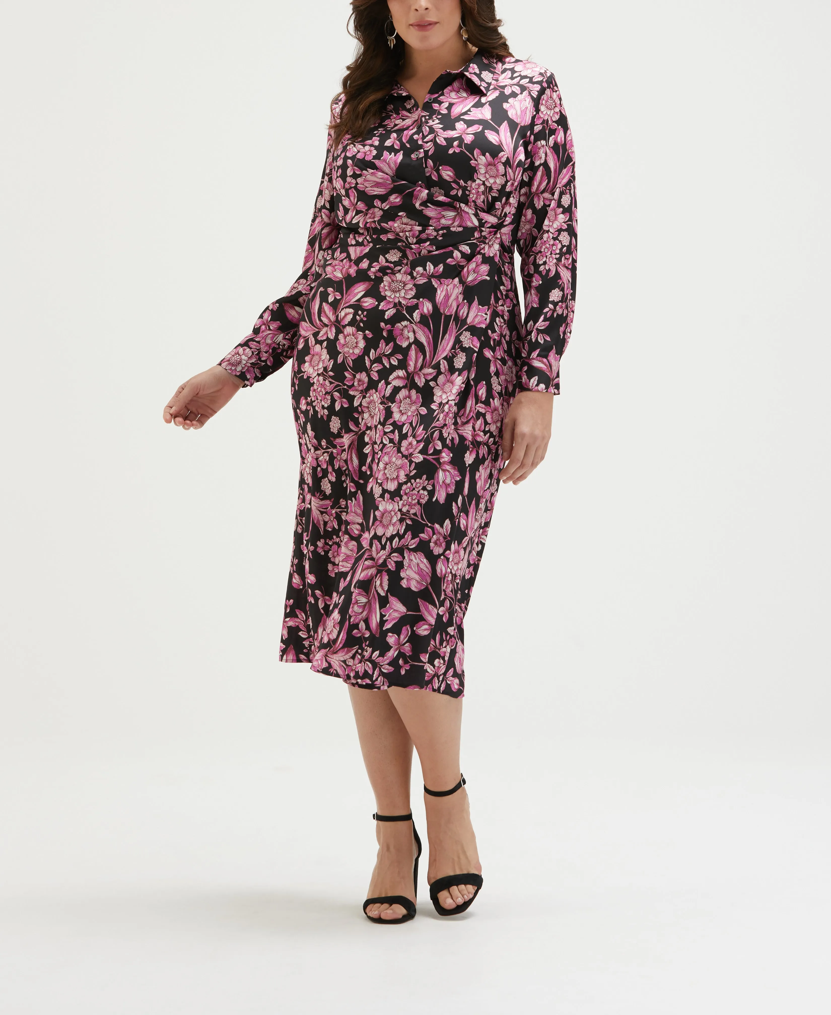Plus Size Floral Print Gathered Popover Midi Dress Mood Flex