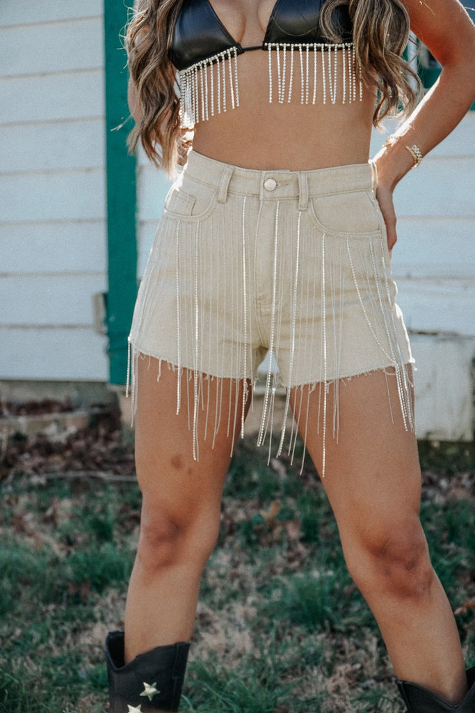 Mid Rise Outdoor Adventure Stylish Wild West Rhinestone Fringe Shorts- Tan