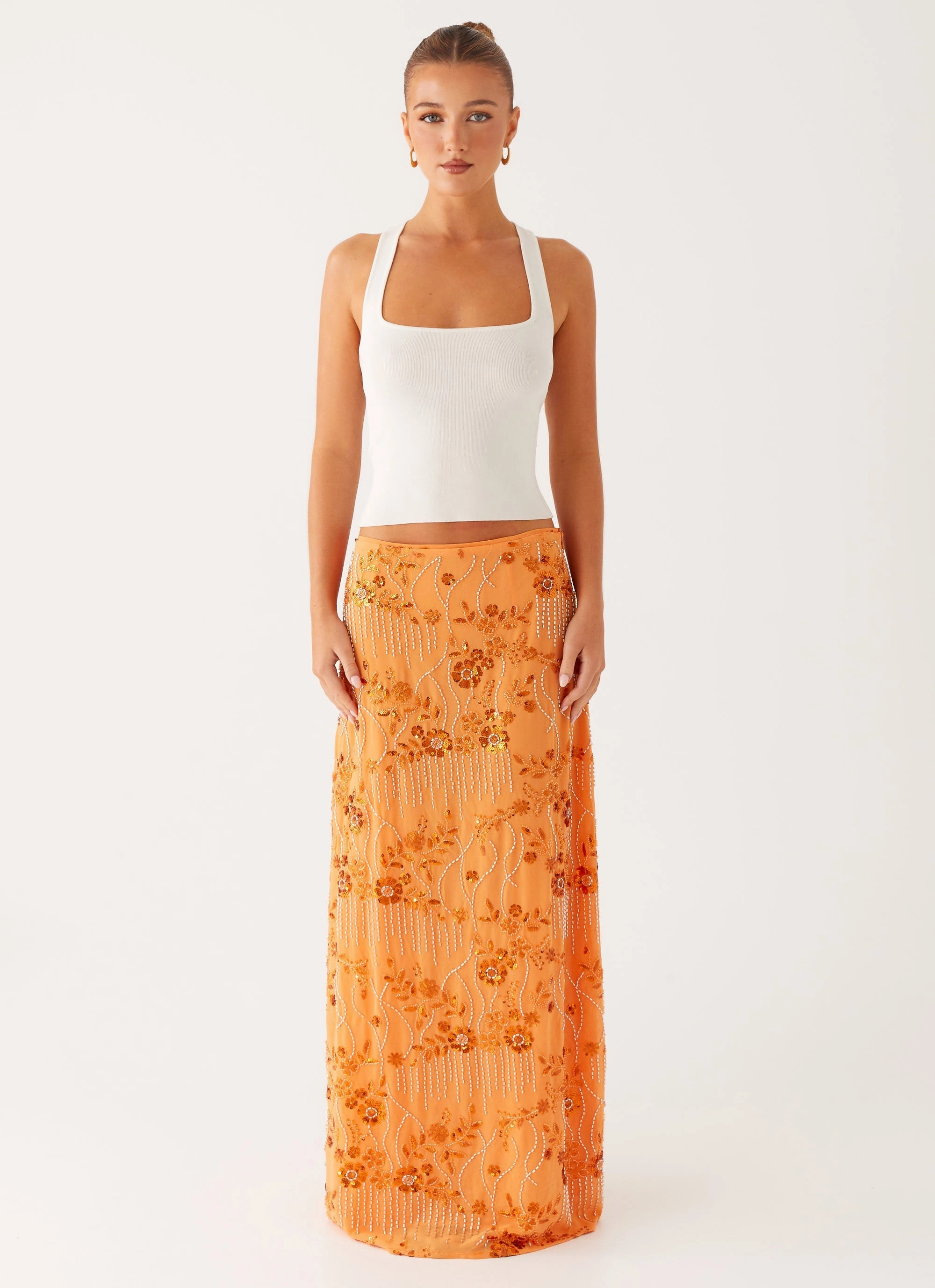 Waist Defining Balanced Outfit Corinna Low Rise Sequin Maxi Skirt - Orange