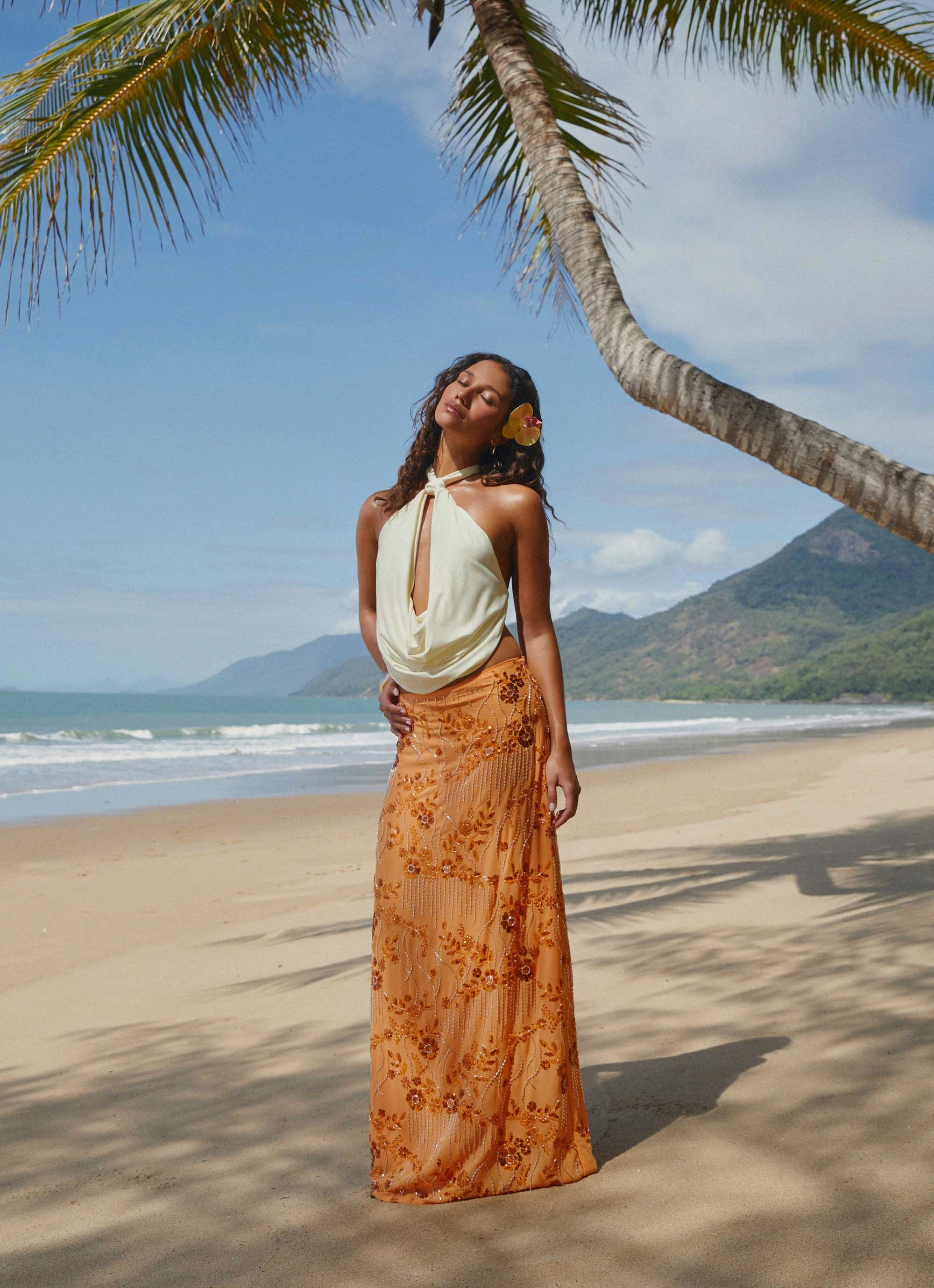 ruffle trim Corinna Low Rise Sequin Maxi Skirt - Orange