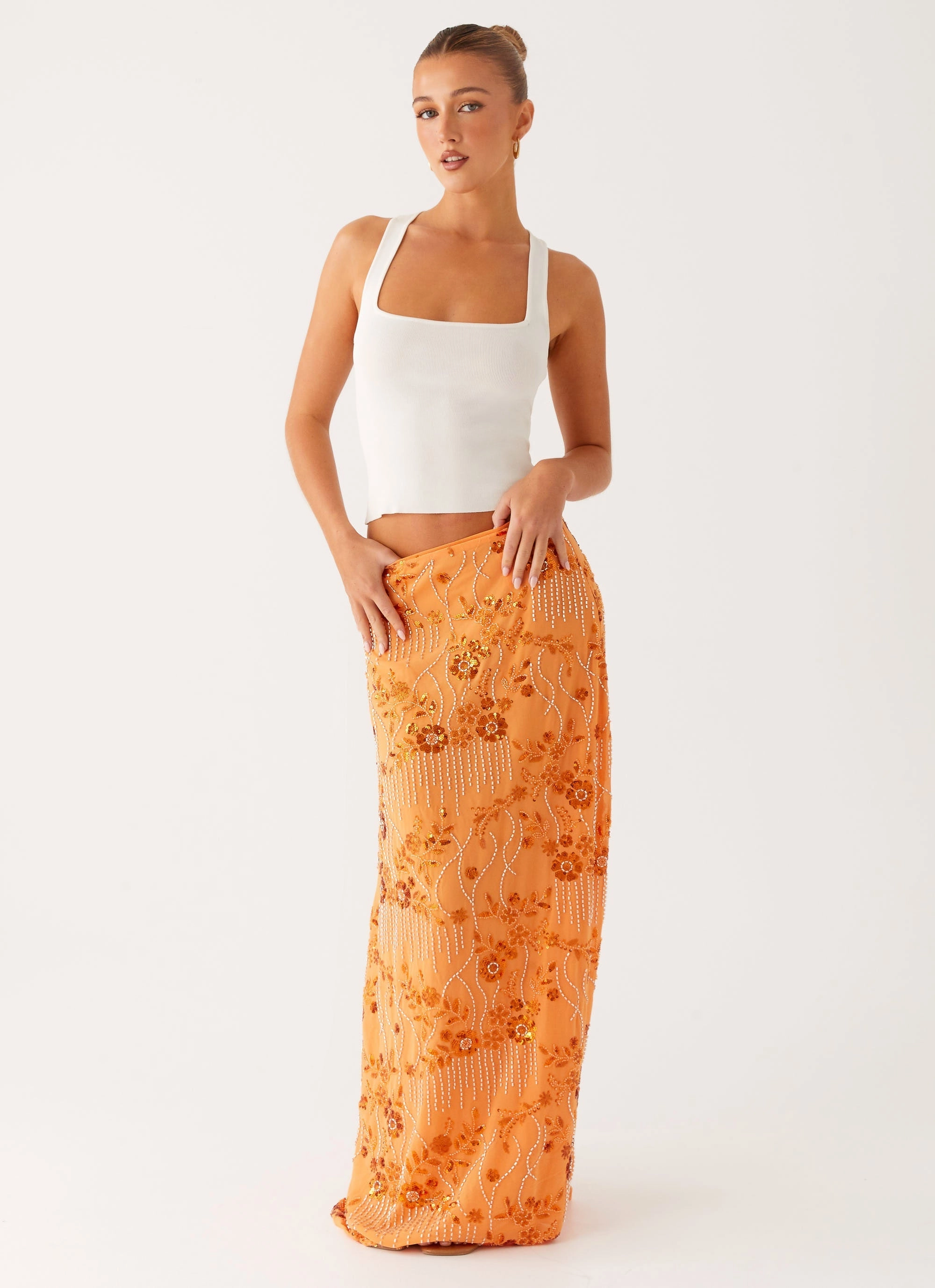 Corinna Low Rise Sequin Maxi Skirt - Orange Contrast Panel