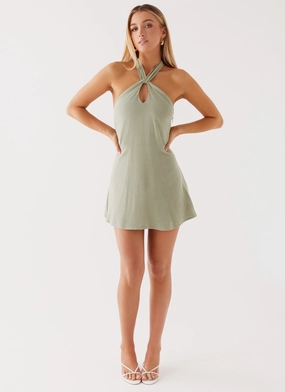 Counting Stars Linen Halterneck Dress - Sage Adjustable Hem