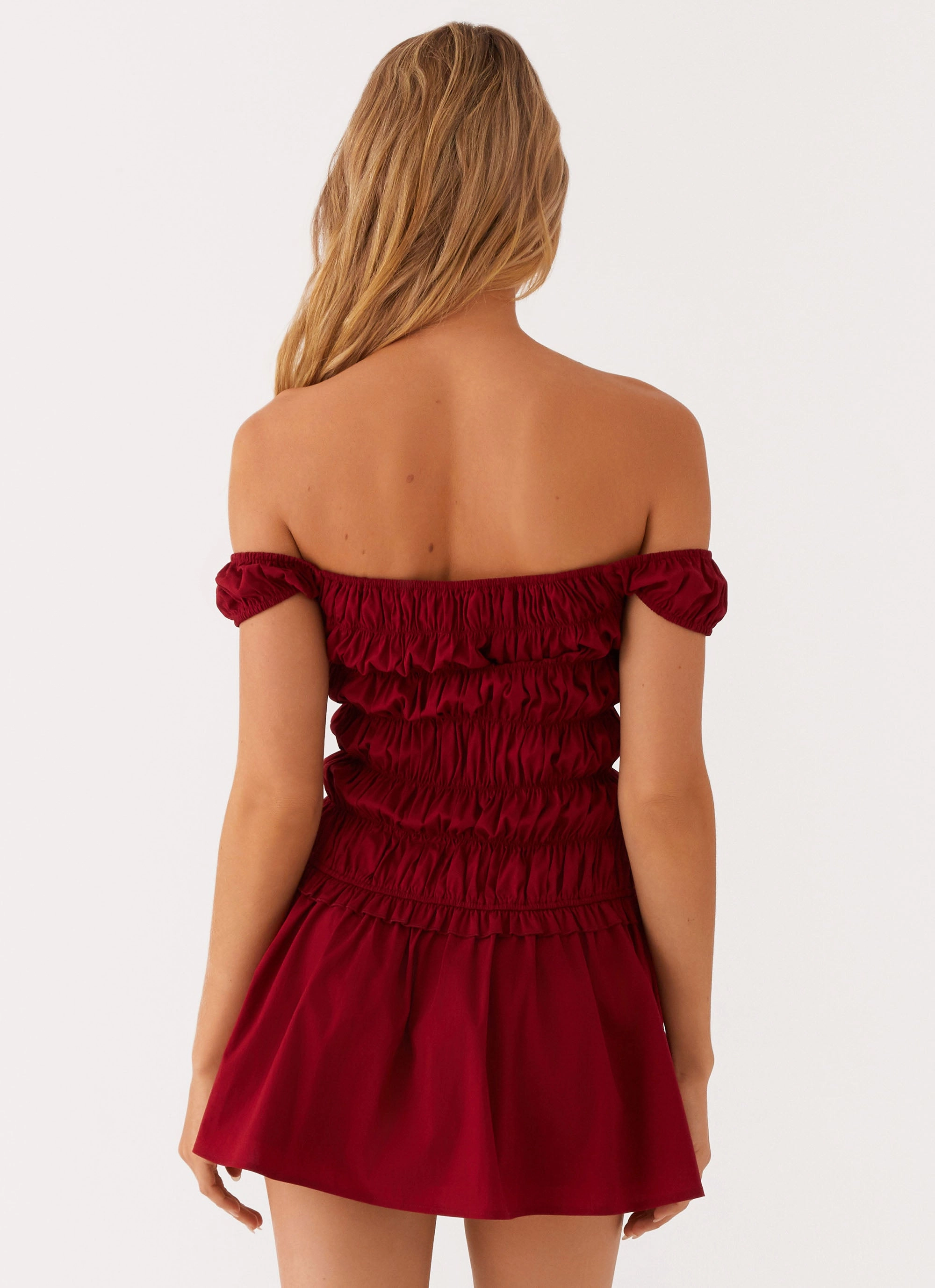 Countryside Off Shoulder Mini Dress - Deep Red Monochrome Outfit Wrap style