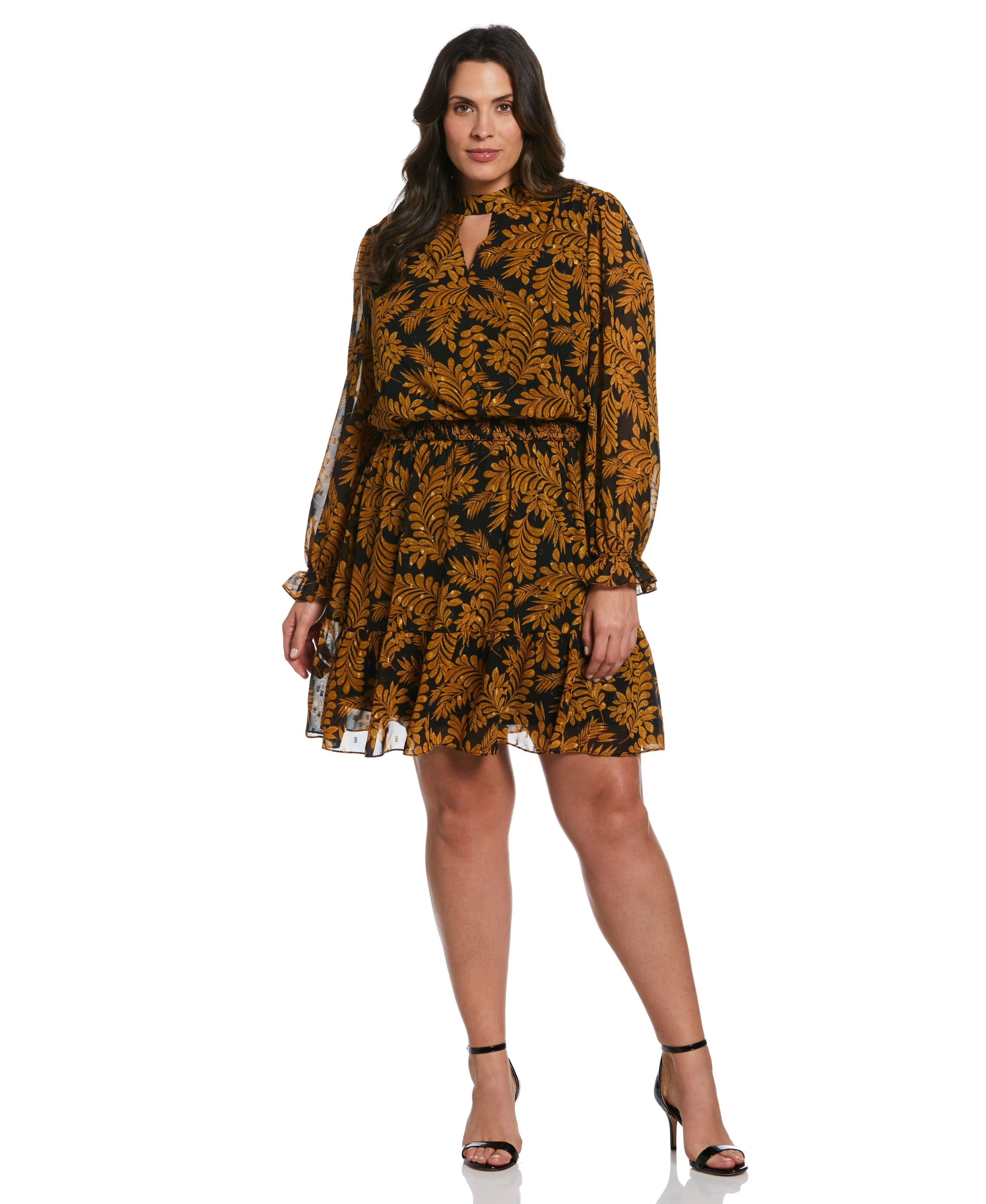 Calm Aesthetic Plus Size Metallic Leaves Print Dress