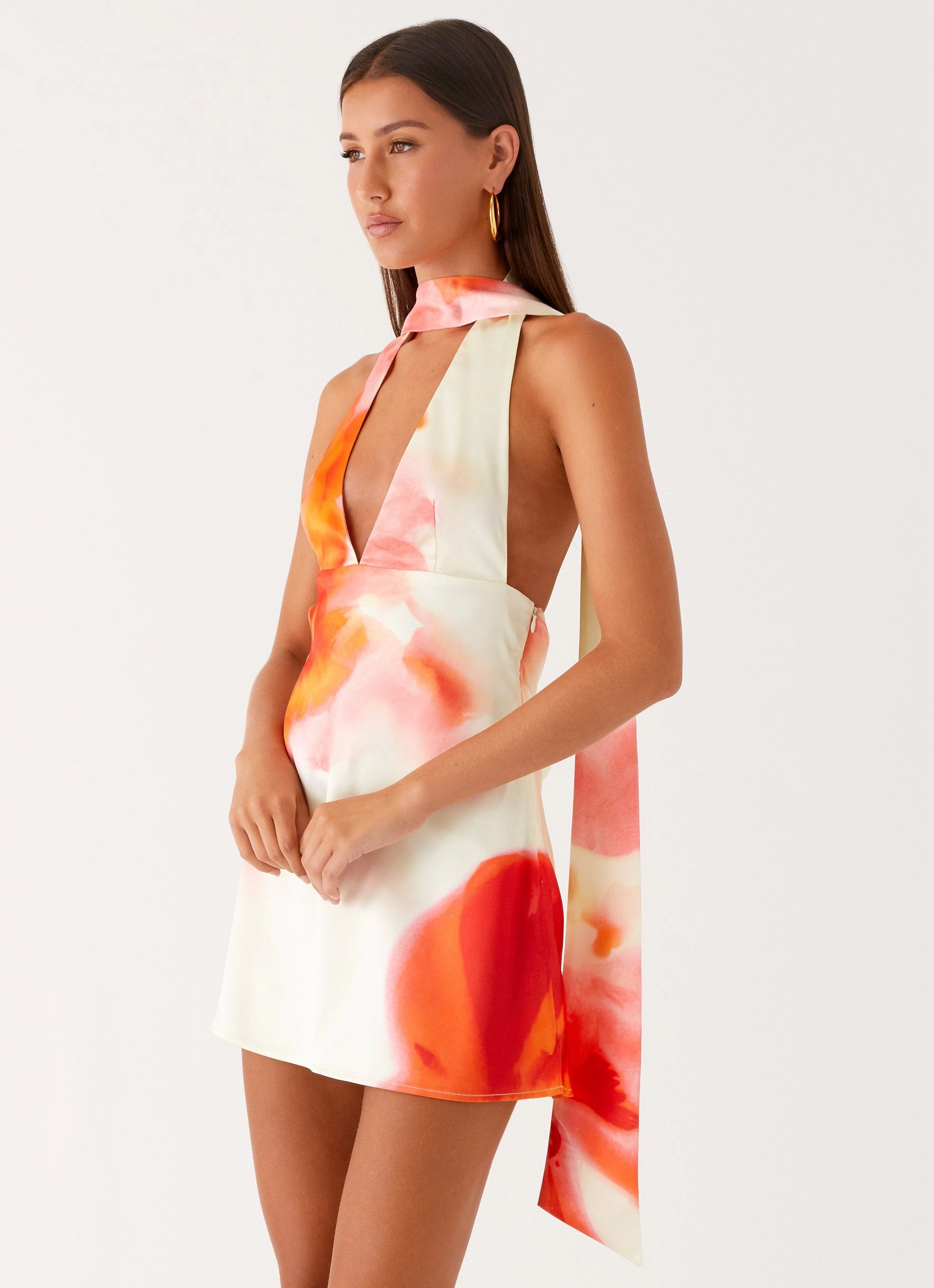 Sleeveless Alicia Satin Halter Mini Dress - Mimosa Blossom
