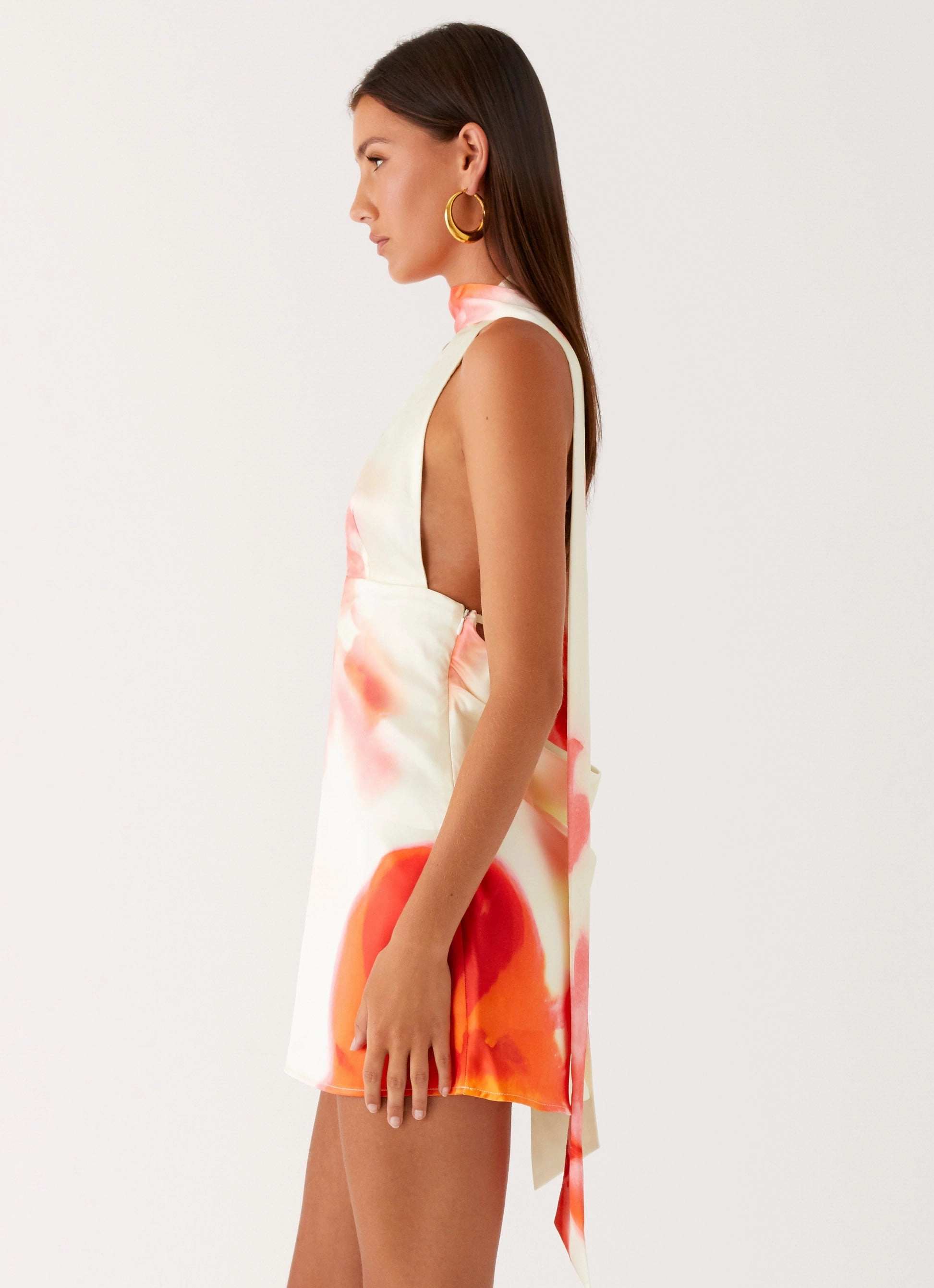 Alicia Satin Halter Mini Dress - Mimosa Blossom Structured Shape Neat Style