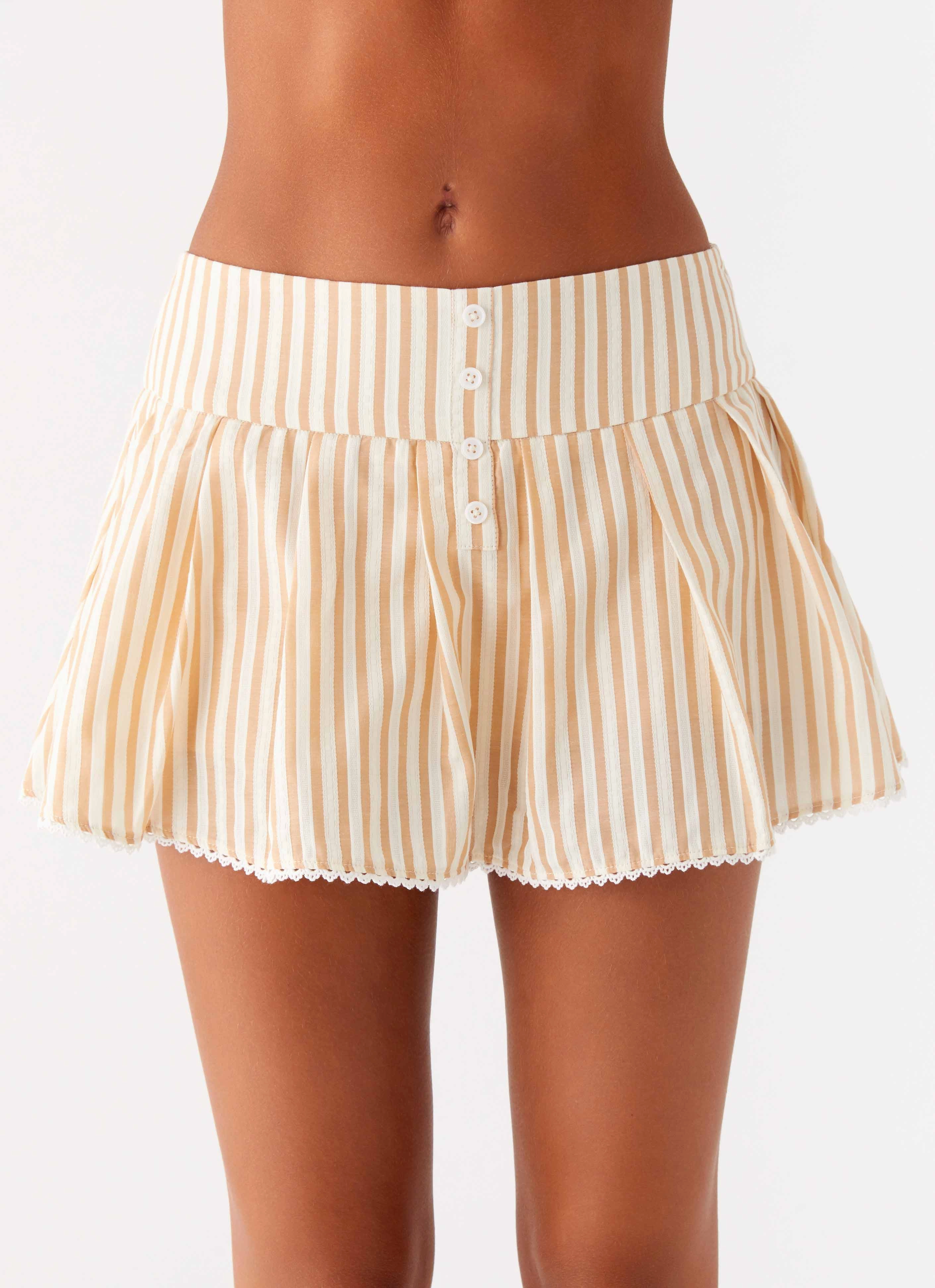 Oliviana Pleated Mini Skort - Taupe Stripe Iconic Style Timeless Outfit