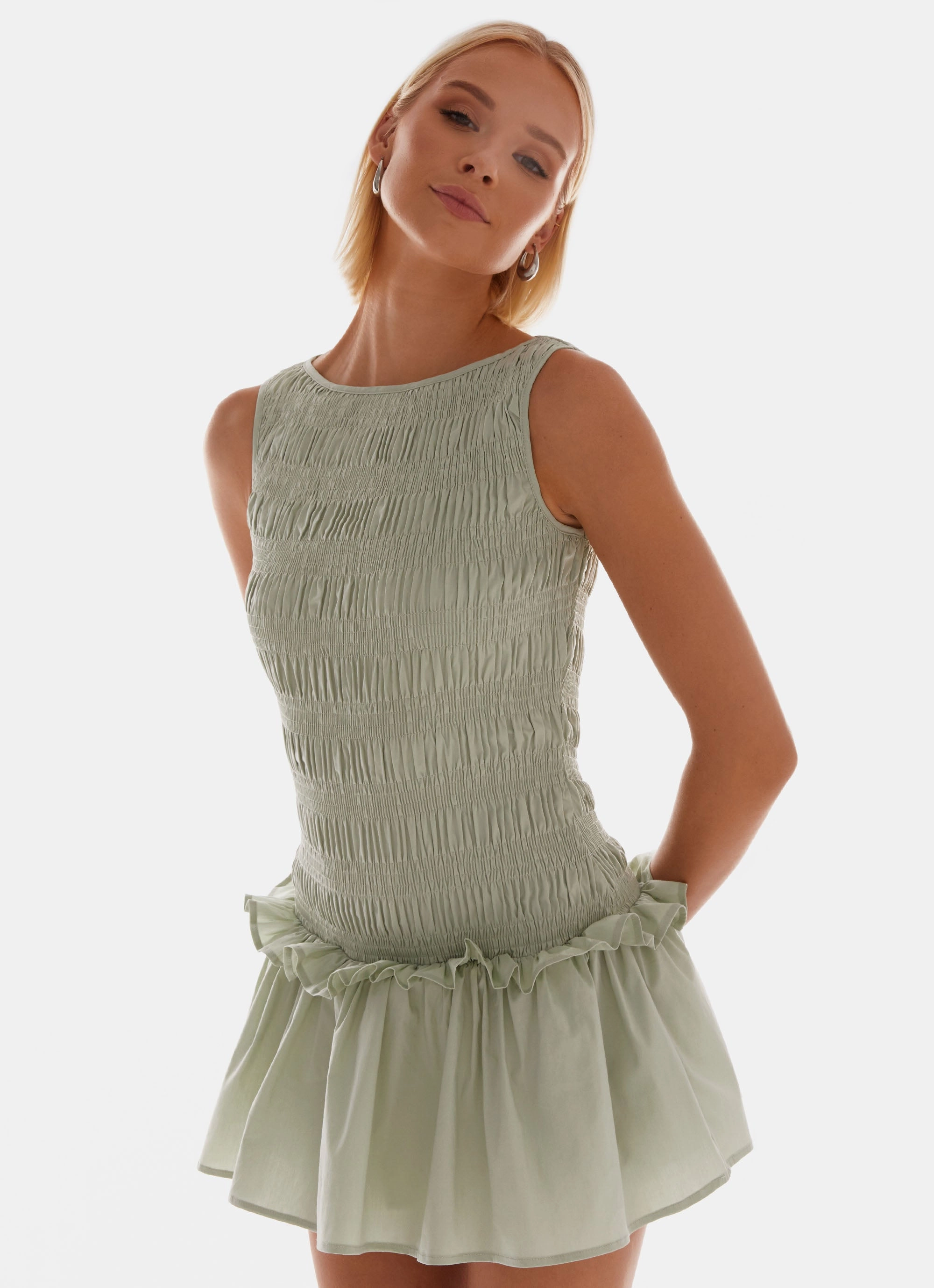 Daily Essential Garden Kisses Shirred Mini Dress - Sage