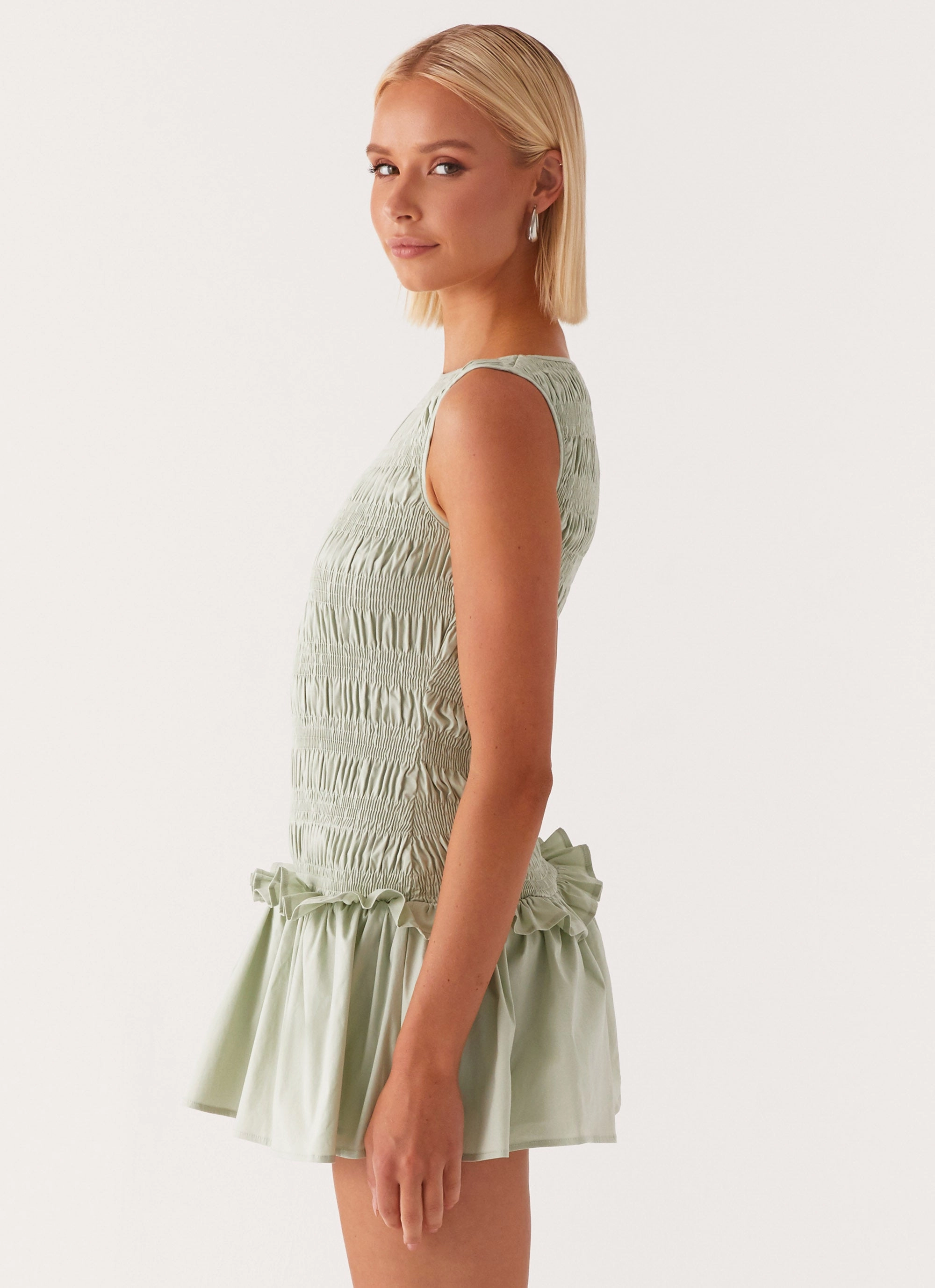 Garden Kisses Shirred Mini Dress - Sage Mix Culture