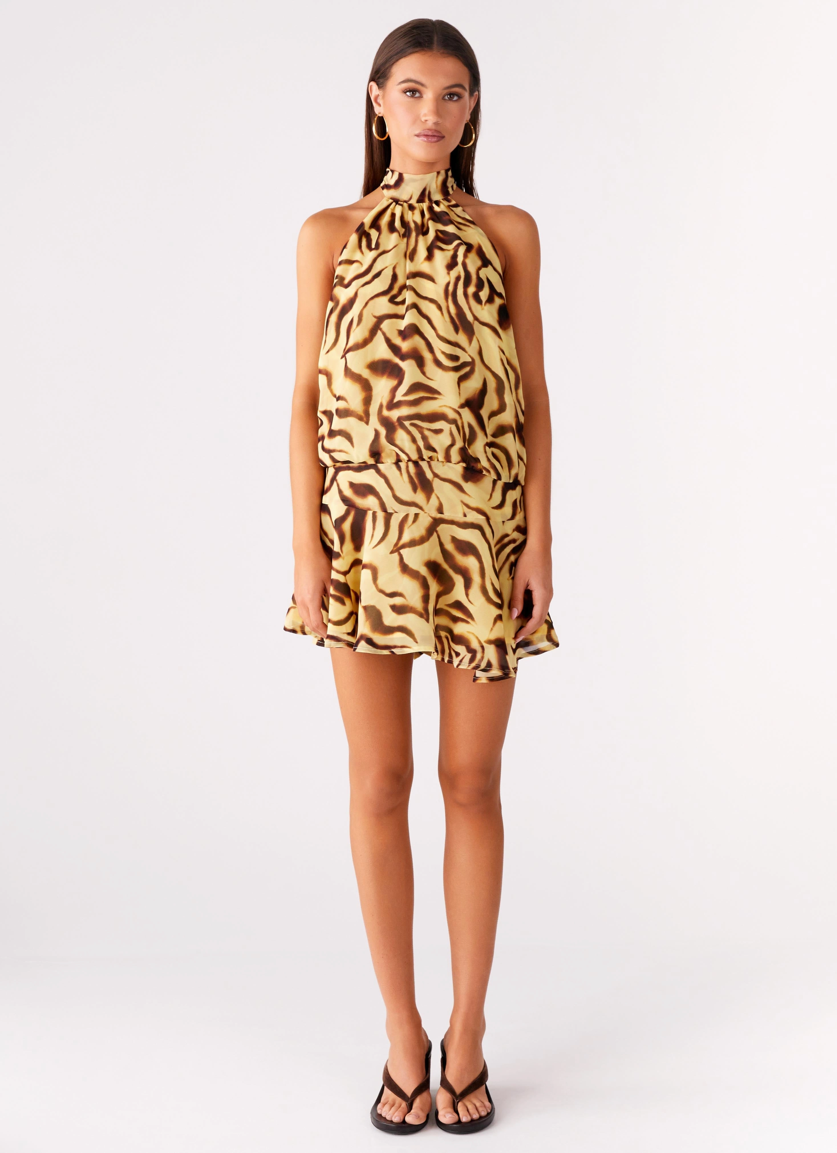 Neutral-Shade Shine Dressy Zulla Backless Mini Dress - Laguna Print