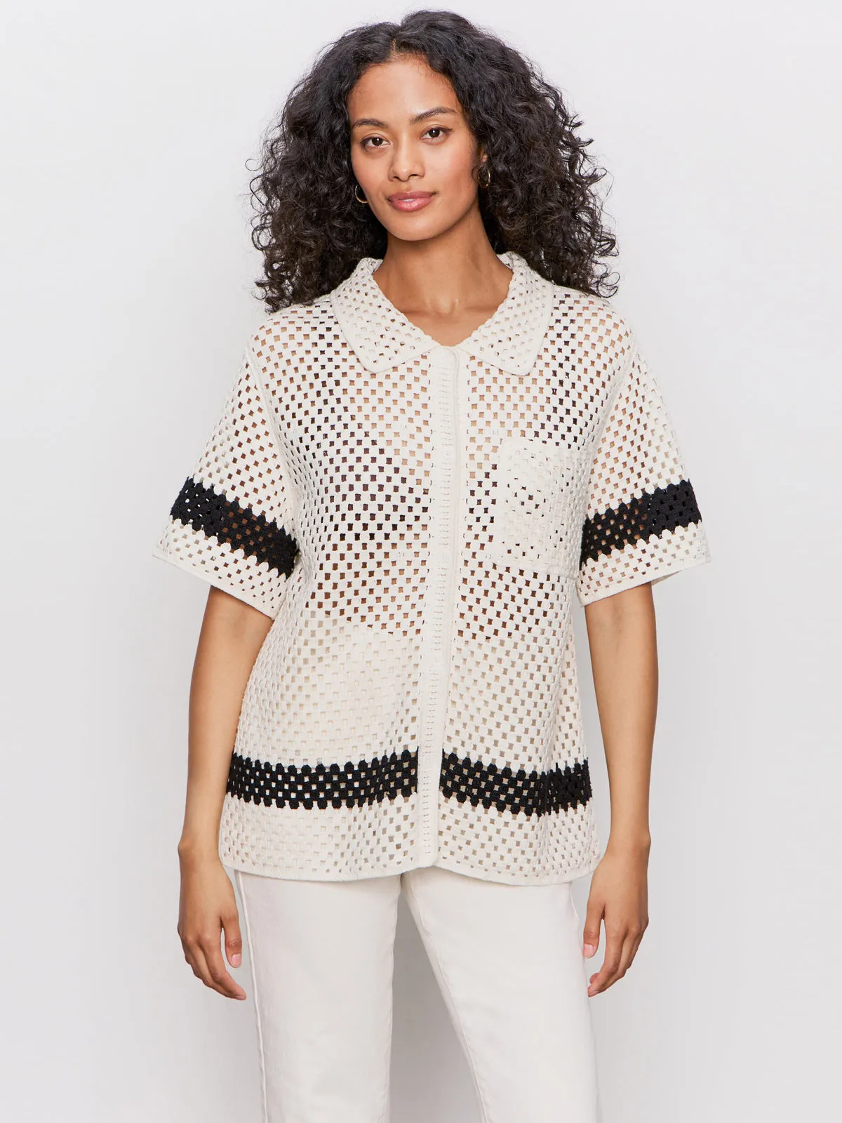 RibbedNeckline Crochet Resort Shirt Macrame Black