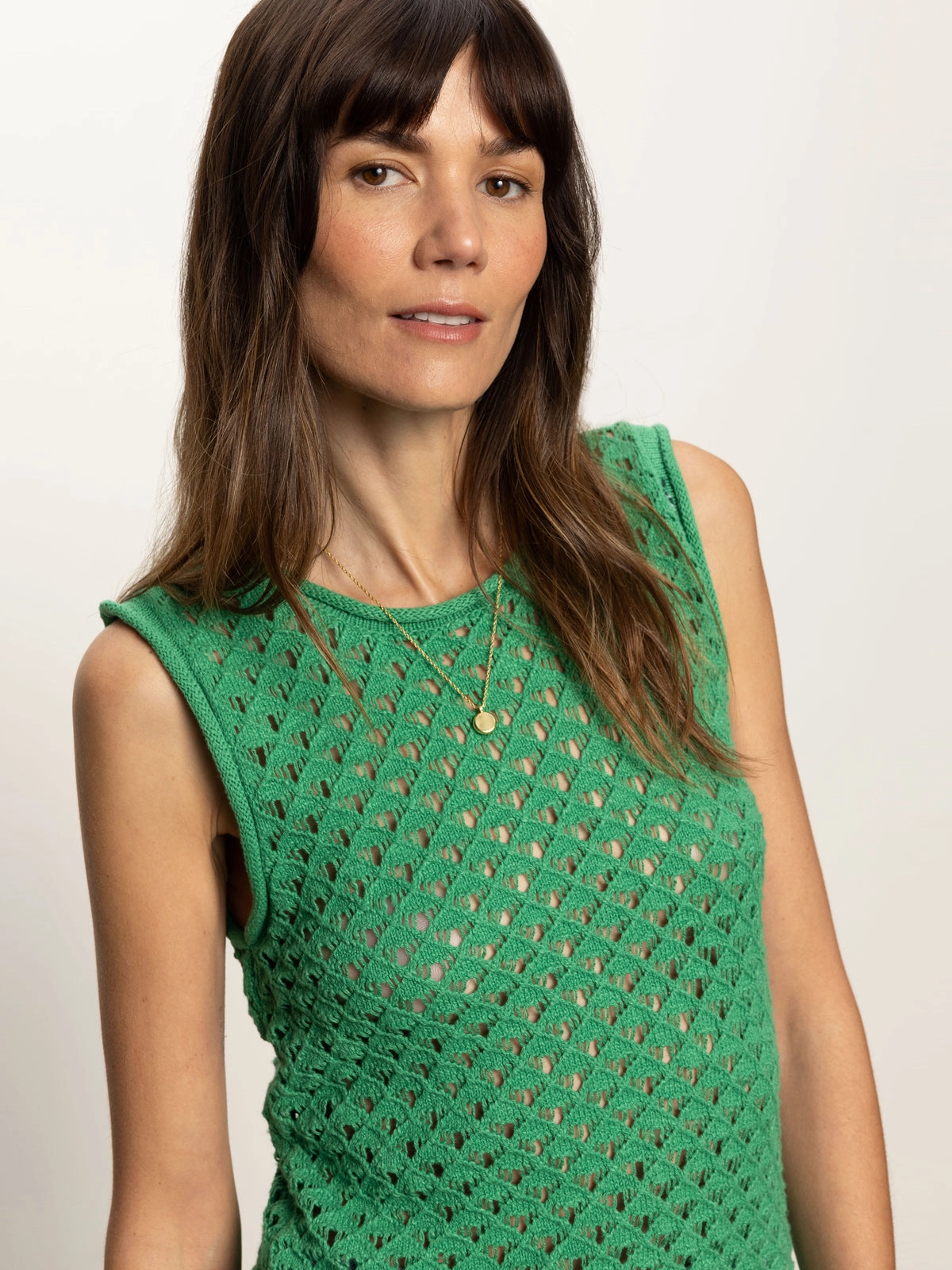 Layered Hem Detailing Recycled Polyester Crochet Shell Sweater Palm