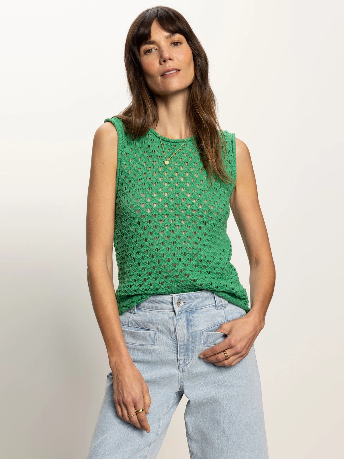 Unstructured Silhouette DualLayer Weave Crochet Shell Sweater Palm