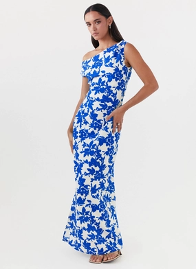 Gemstone-Detail Polished Details Pyper Off Shoulder Maxi Dress - Blue Floral