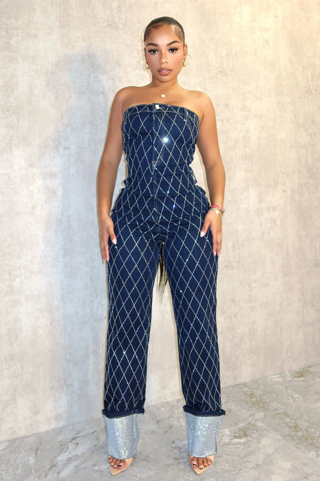 Wrinkle-Resistant Cross Me Out Rhinestone Denim Jumpsuit