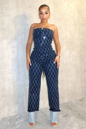 Everyday Must-have Fitted waist Cross Me Out Rhinestone Denim Jumpsuit