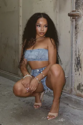 Stain Resistant Treatment Cross Your Mind Patched Denim Tube Top