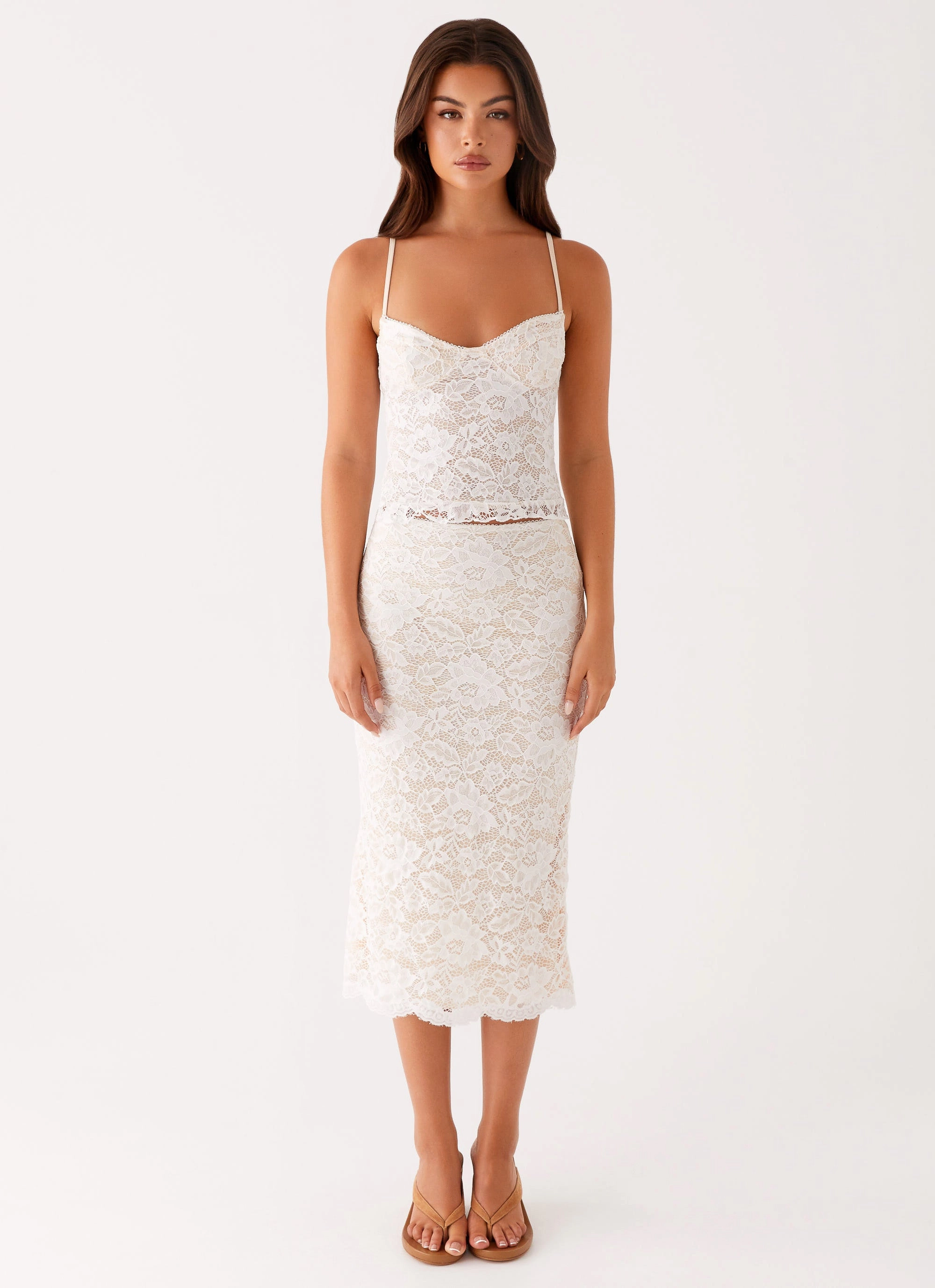 Contrast Panel Crystal Clear Lace Midi Skirt - Ivory