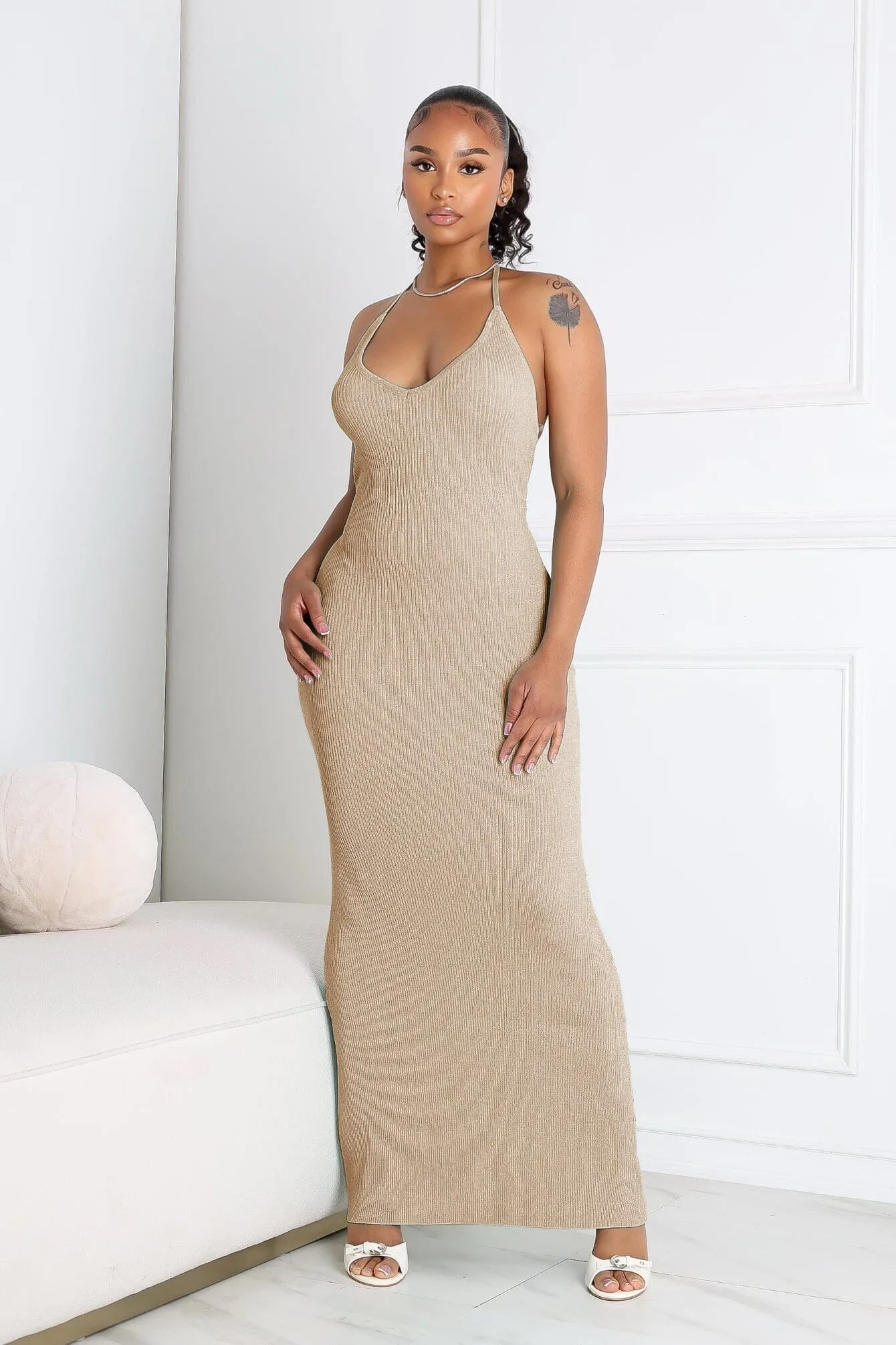 Waist-Cinching Rivexa Glitter Lurex Ribbed Maxi Dress