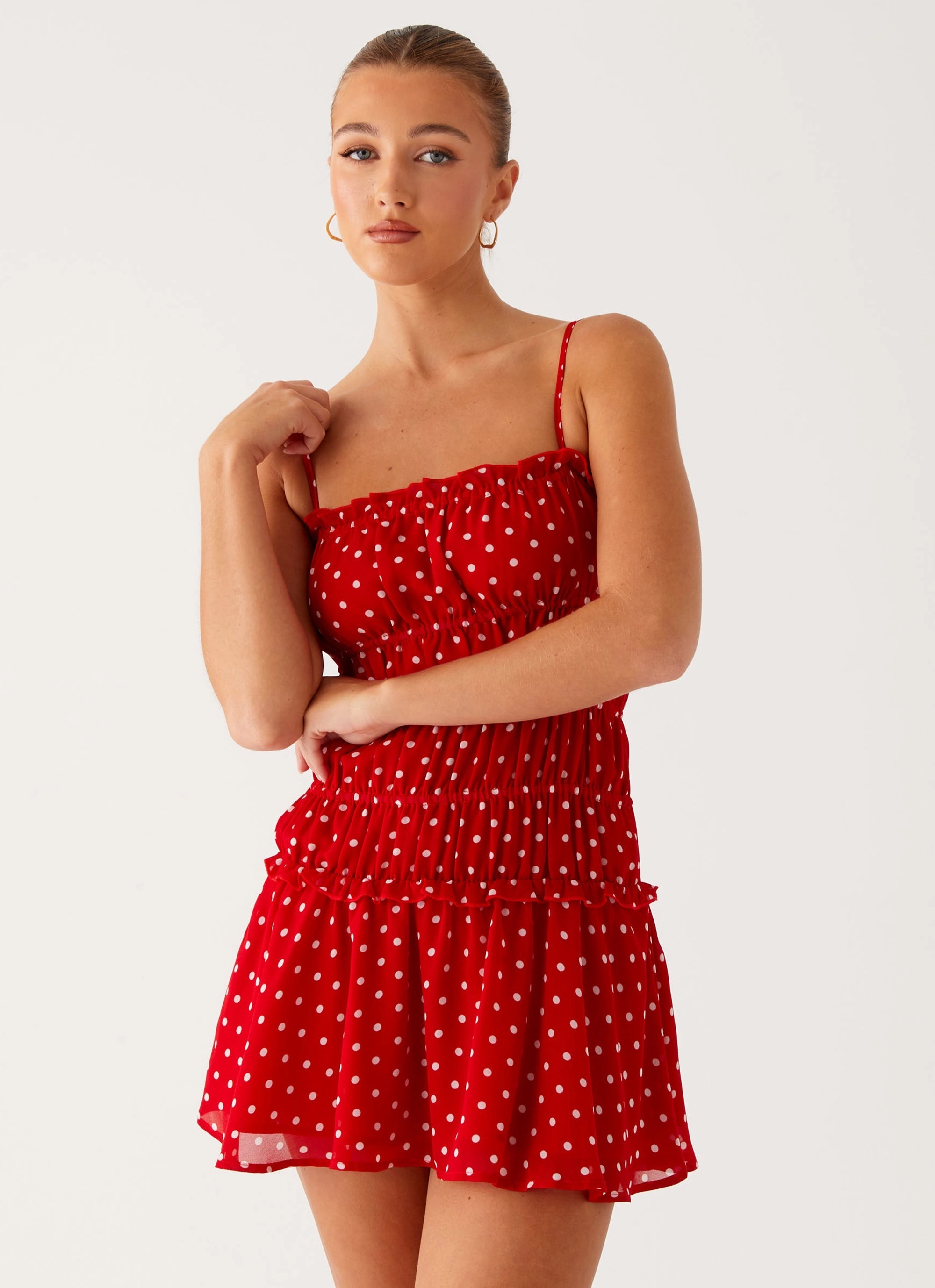 Cynlee Mini Dress - Red Polka Dot Draped Layer