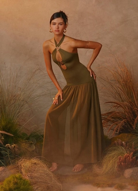 Cypress Kiss Maxi Dress - Khaki Event Mood Floral Pattern