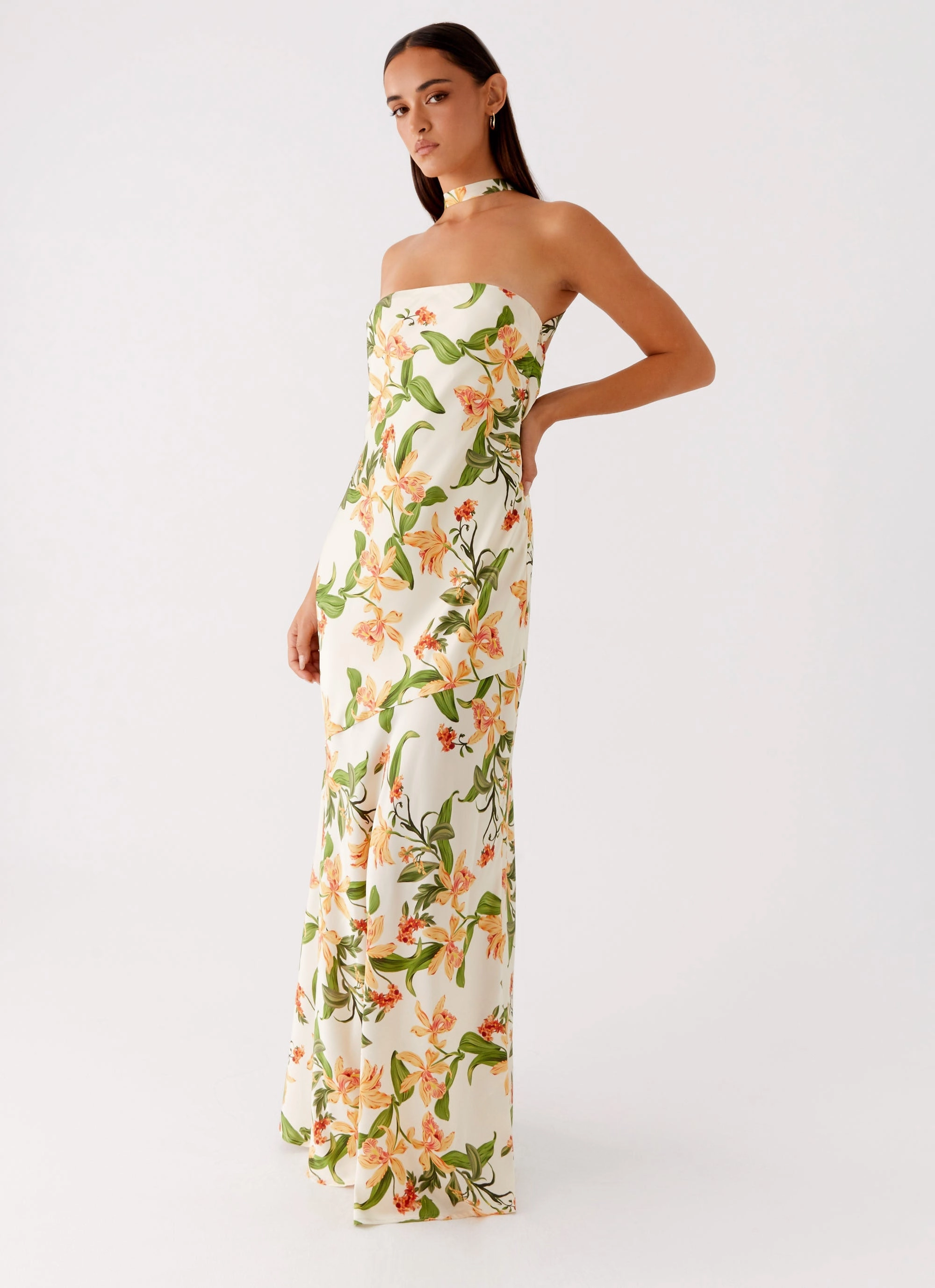 Damali Satin Maxi Dress - Floral Print Sophisticated Appeal Minimal Core