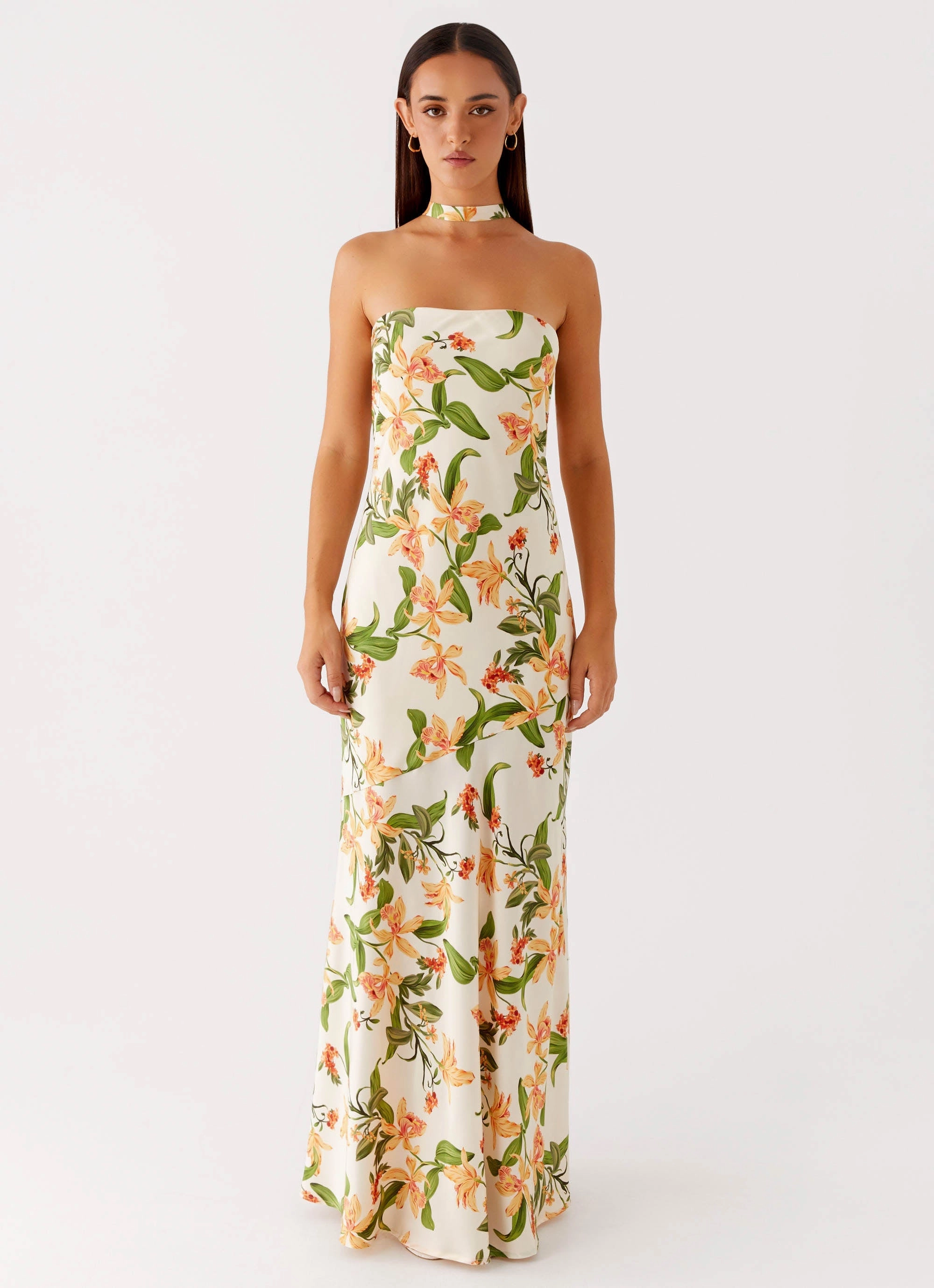 Matte-Lining Chic Motion Damali Satin Maxi Dress - Floral Print