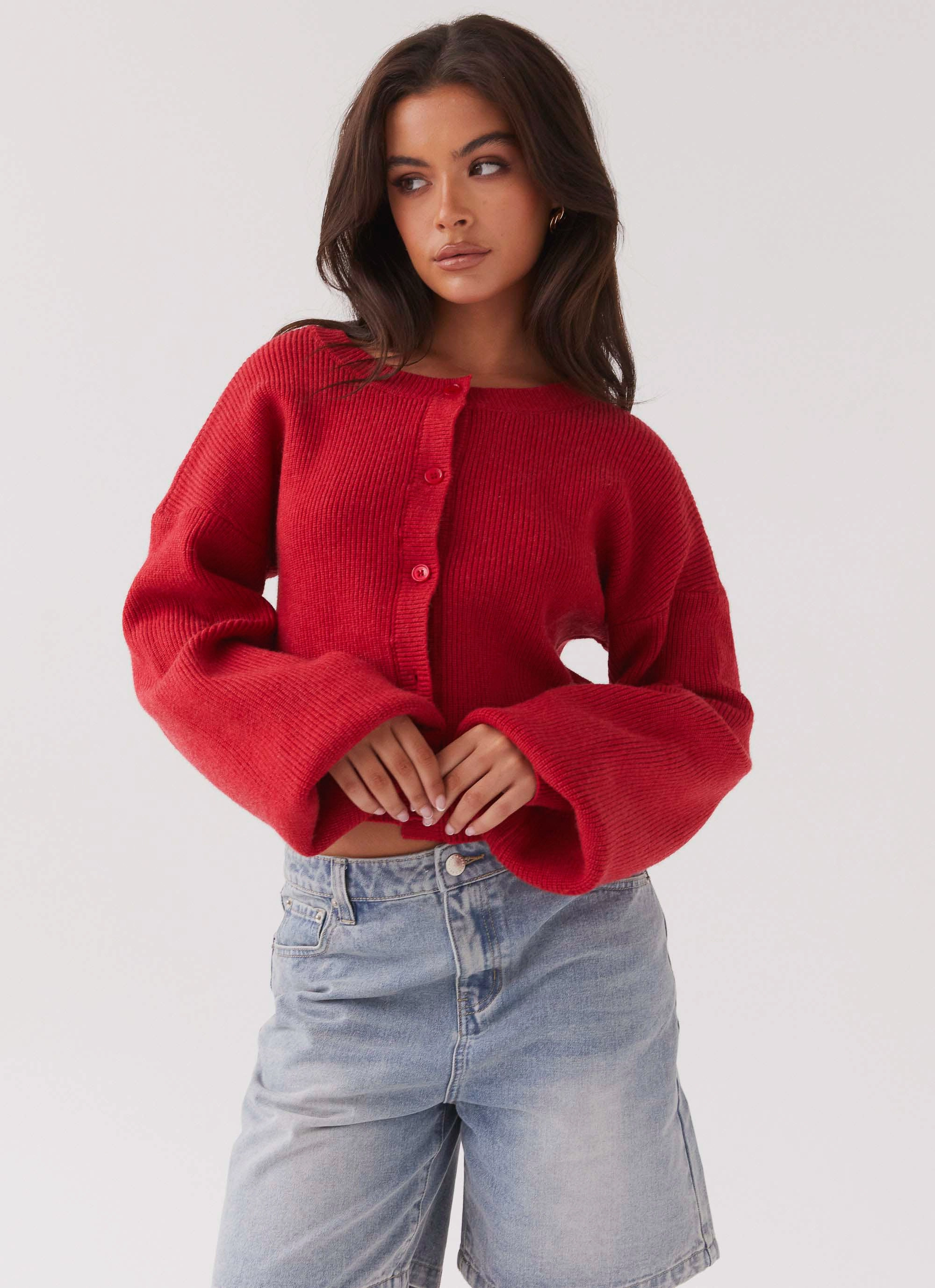Daphne Knit Cardigan - Cherry Faux Fur Collar Comfy Fit