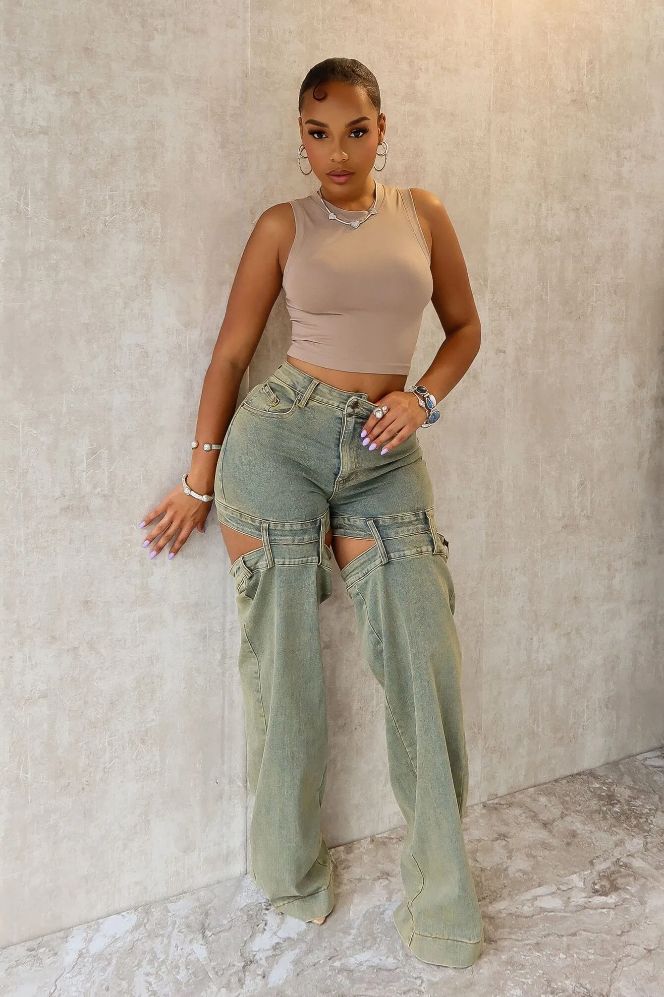 Darby Washed Cut Out Denim Jeans Comfy Design