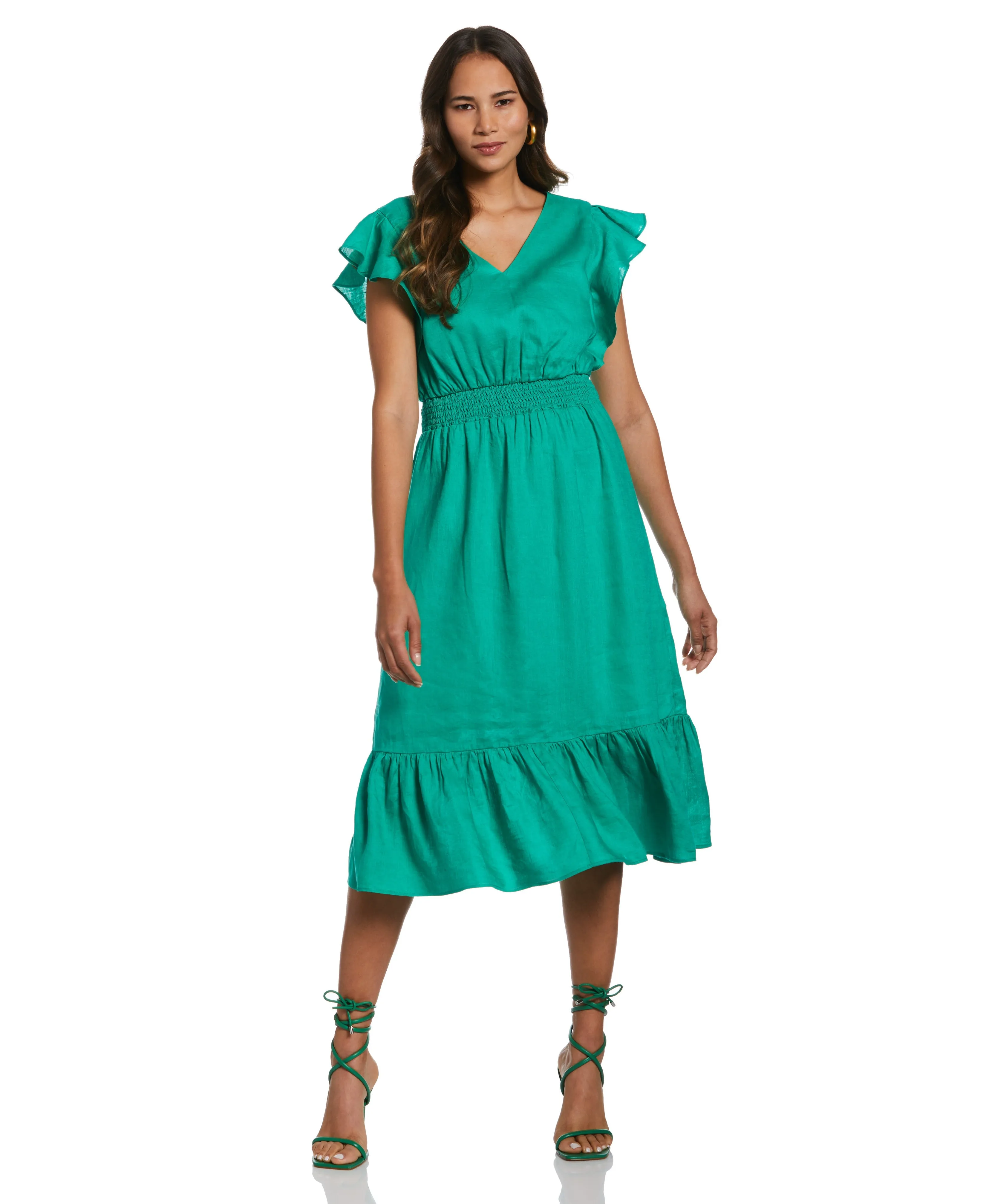 Live Soft AntiStaticMaterial Double V Neck Ruffle Dress