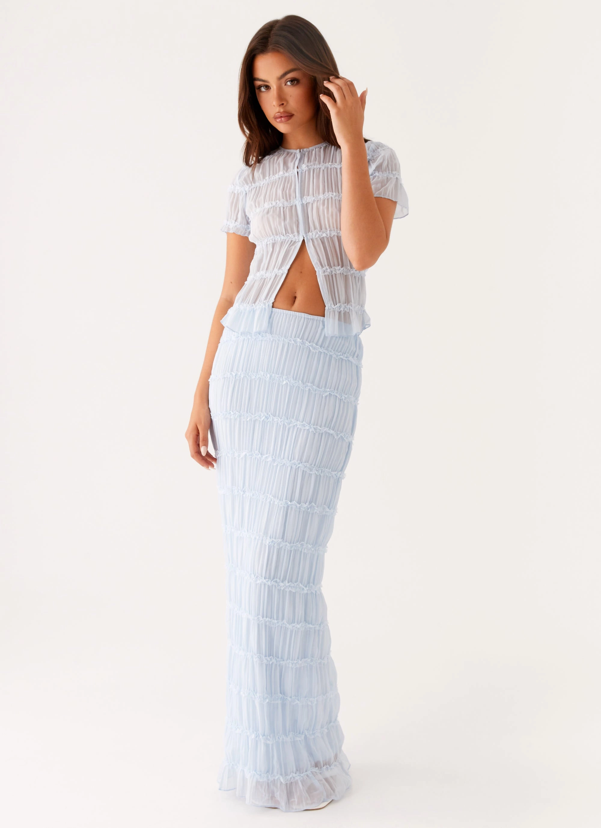 Daydreaming Low Rise Maxi Skirt - Blue Structured silhouette