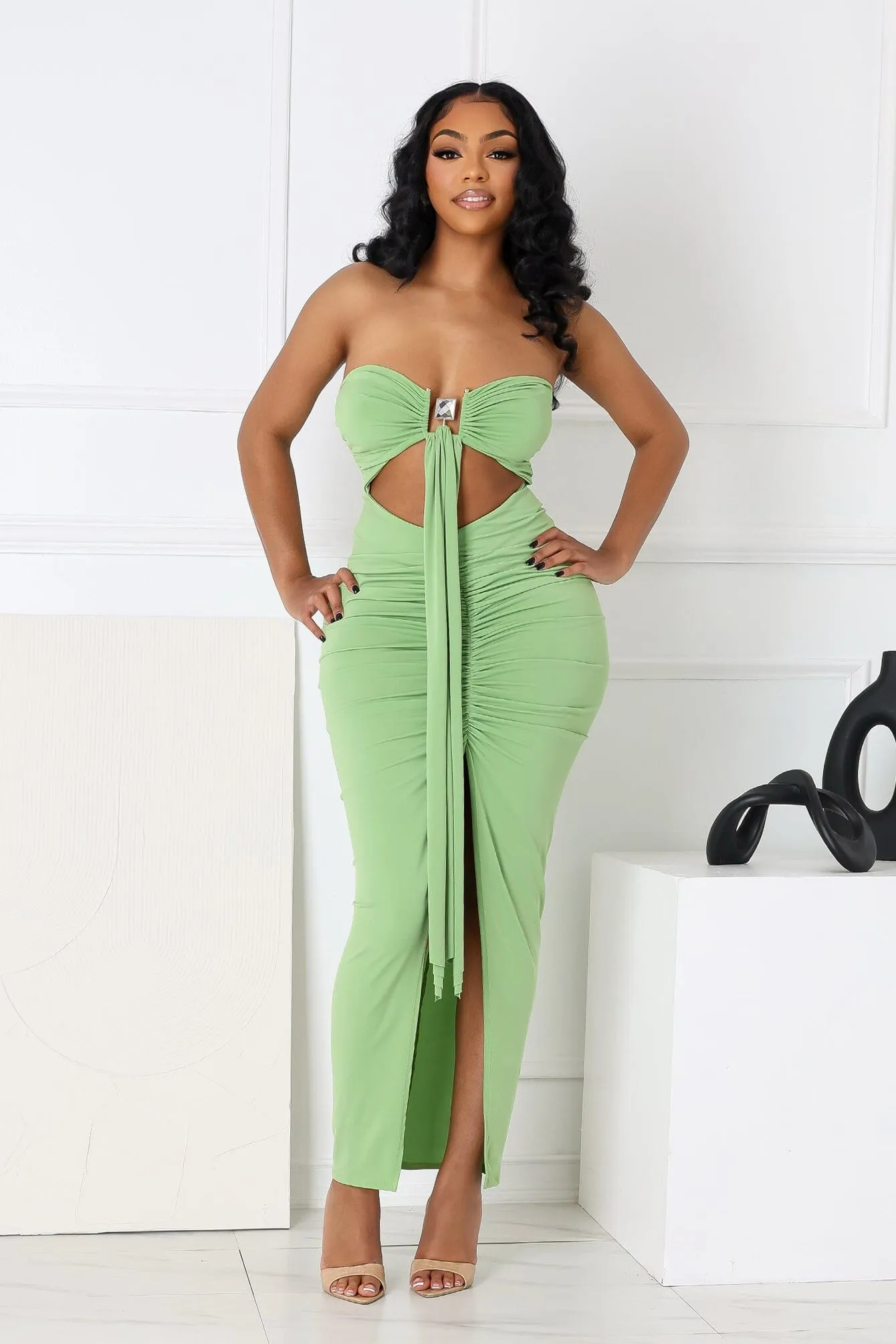 Dazzling Rhinestone Metal Detail Tube Maxi Dress Flower Soft