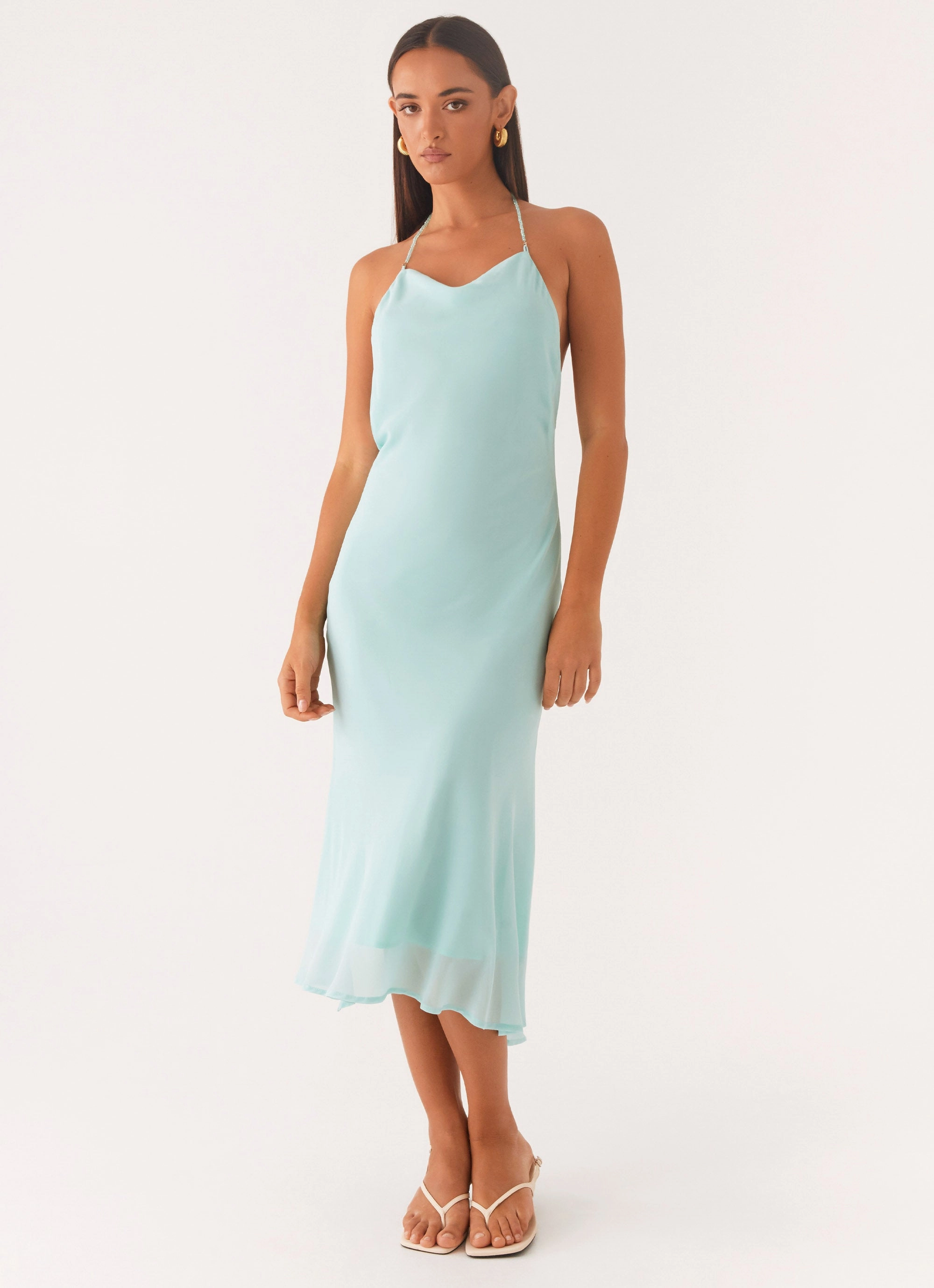 Mesh-Sleeve Deep Dive Midi Dress - Pale Blue