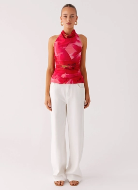 Odor Resistant Material Layered Placket Design Delany Halter Top - Peach Watermelon Flower