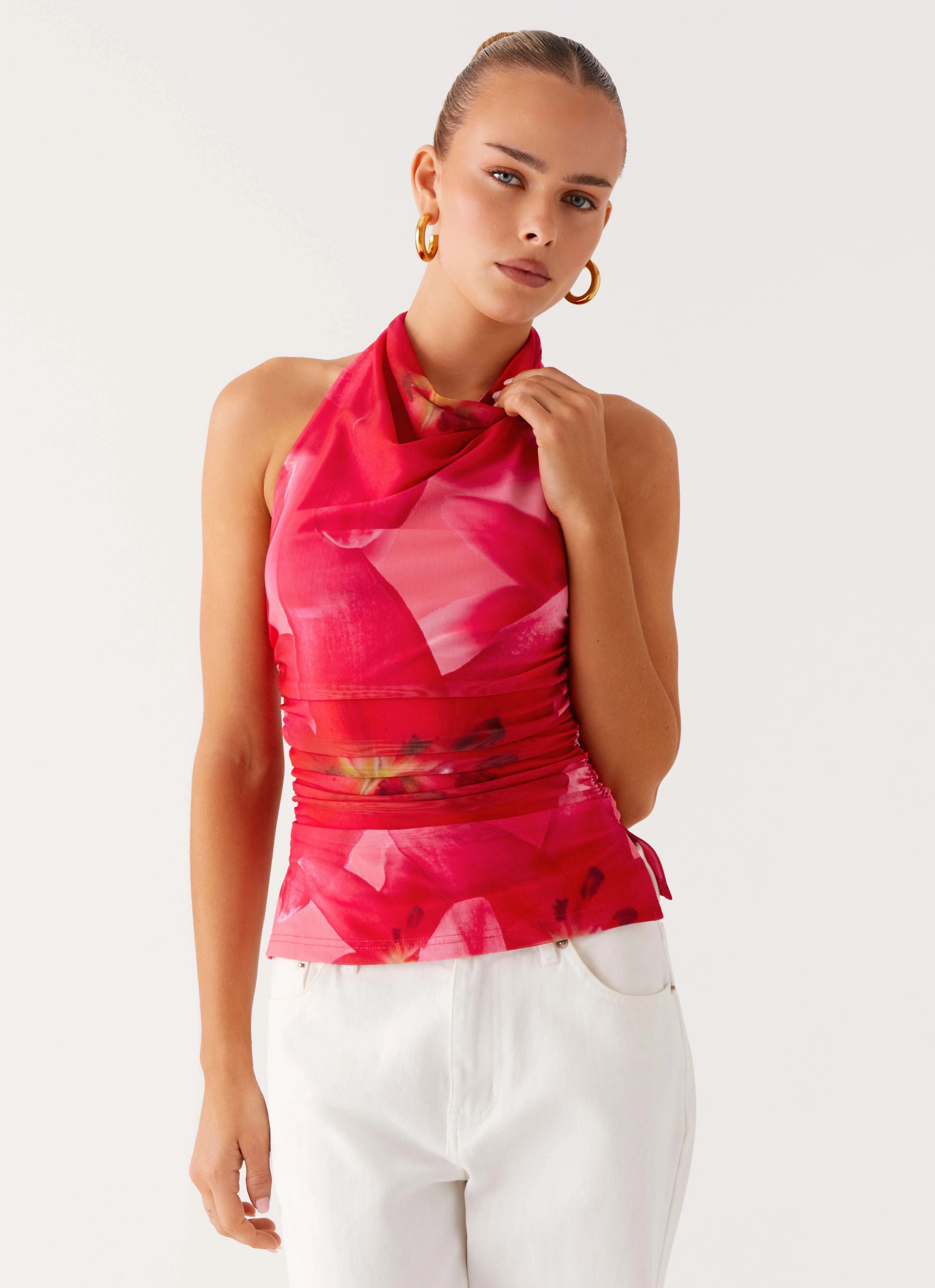 Delany Halter Top - Peach Watermelon Flower Everyday Fashion QuickDrySystem