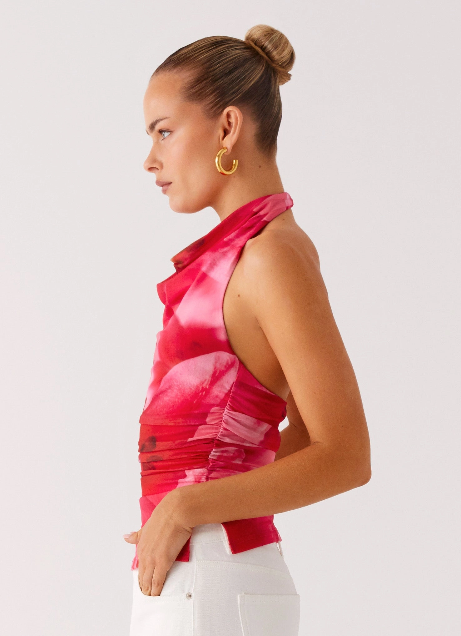 Delany Halter Top - Peach Watermelon Flower Casual Button-Down