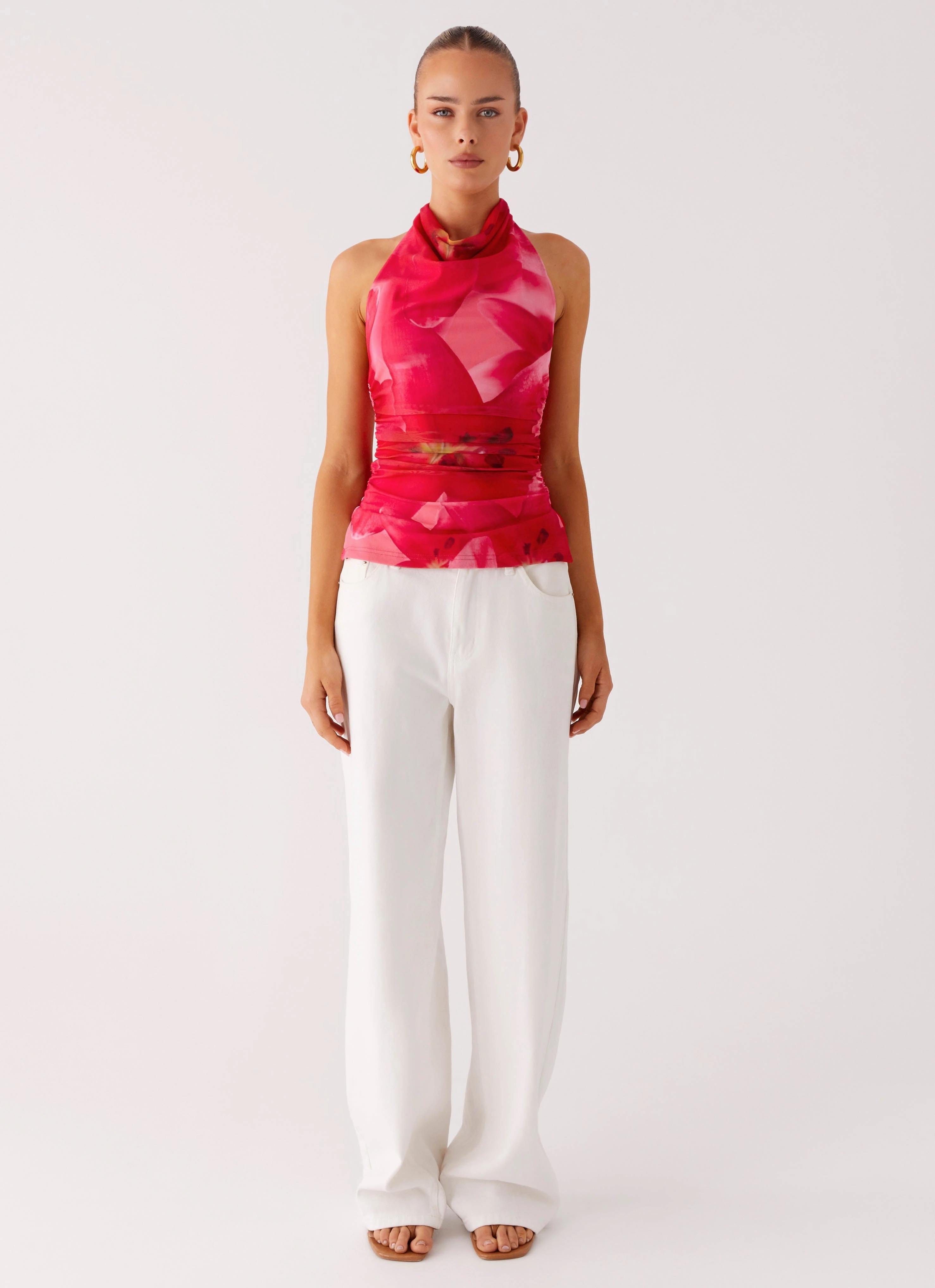 Odor Resistant Material Layered Placket Design Delany Halter Top - Peach Watermelon Flower