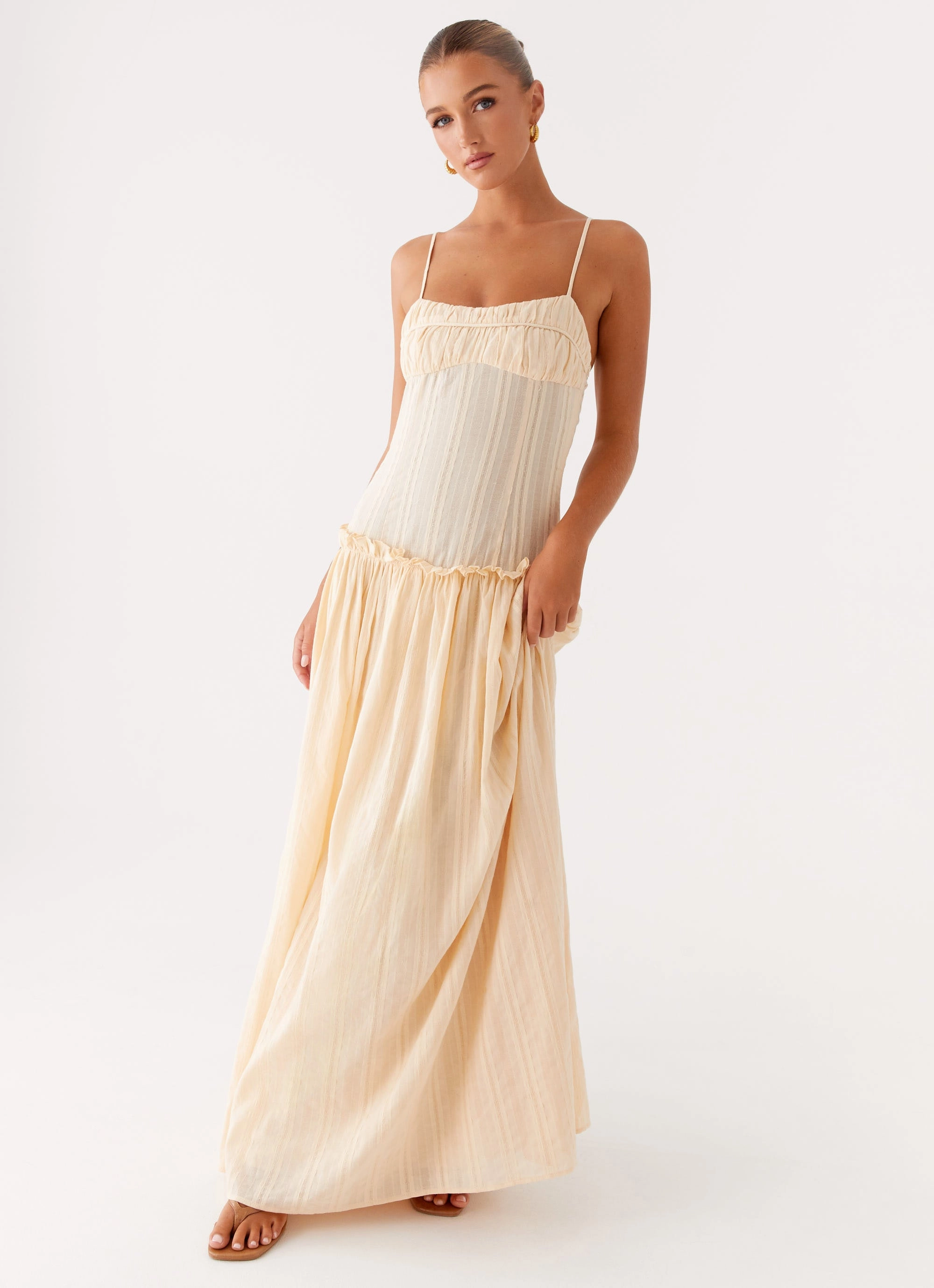 Jacinda Drop Waist Maxi Dress - Cream Calm Fit Zip-Closure