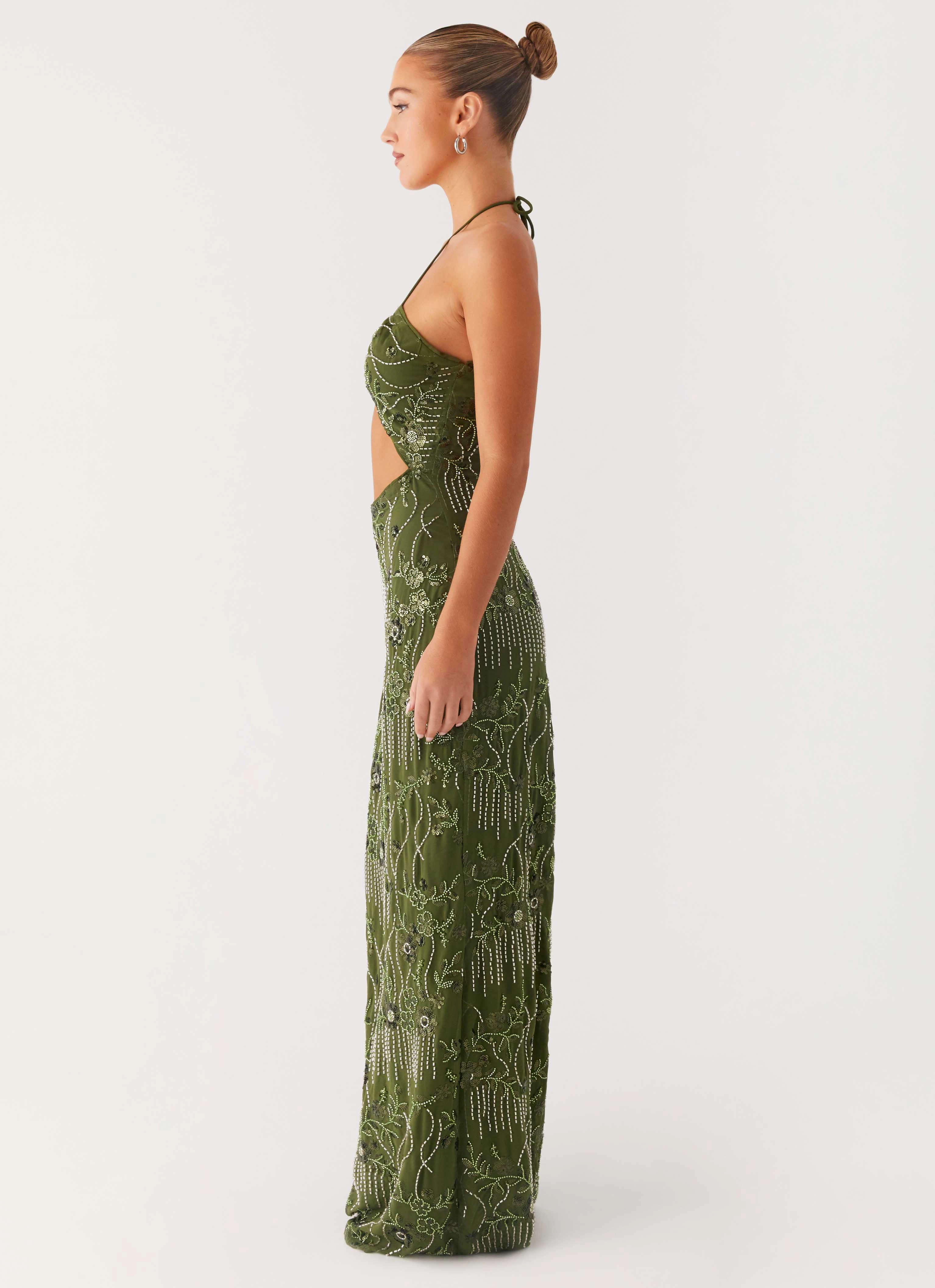 Slit-Hem Phoenicia Beaded Maxi Dress - Khaki