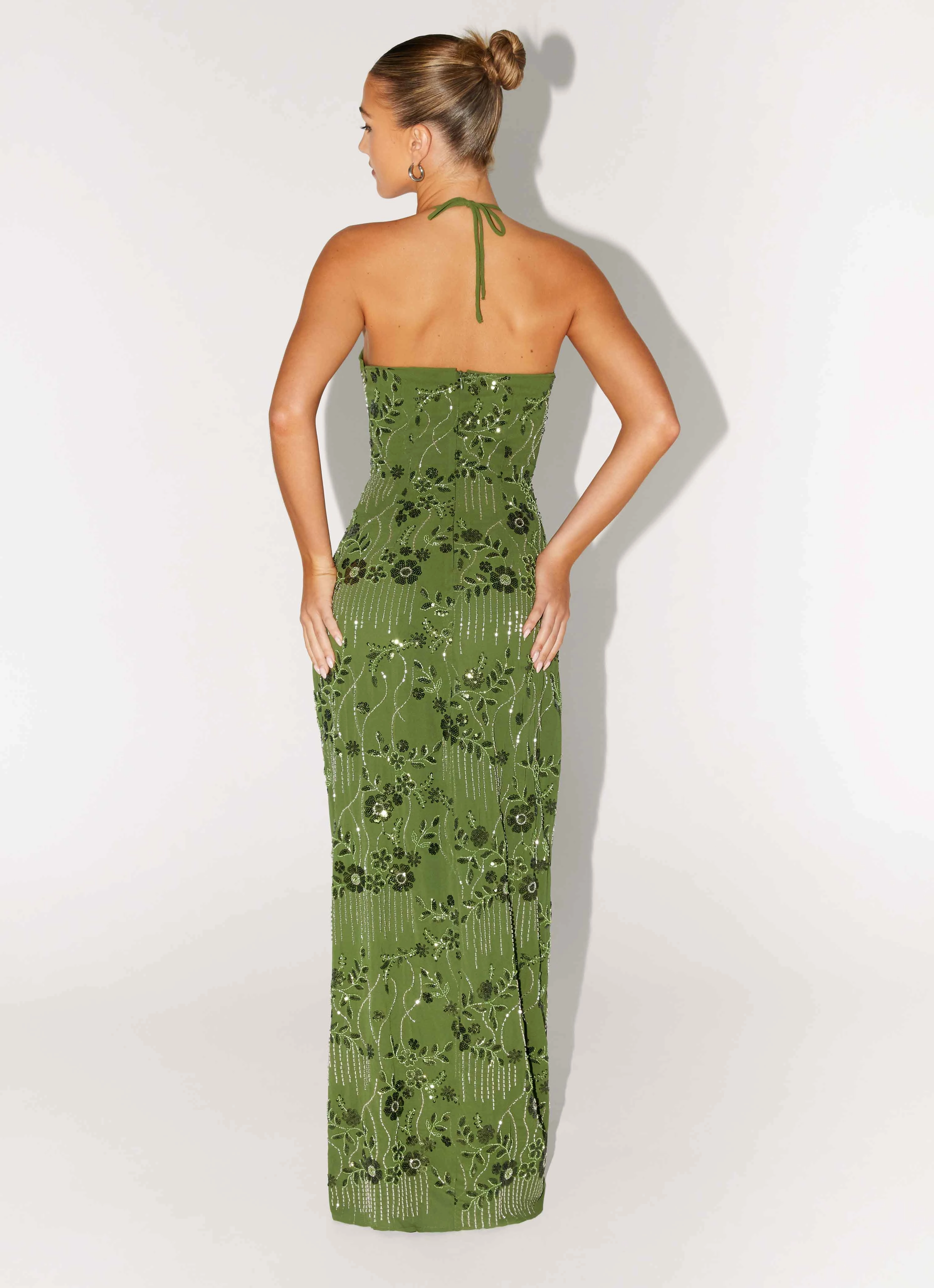 Phoenicia Beaded Maxi Dress - Khaki Waist Seam Decorative-Design